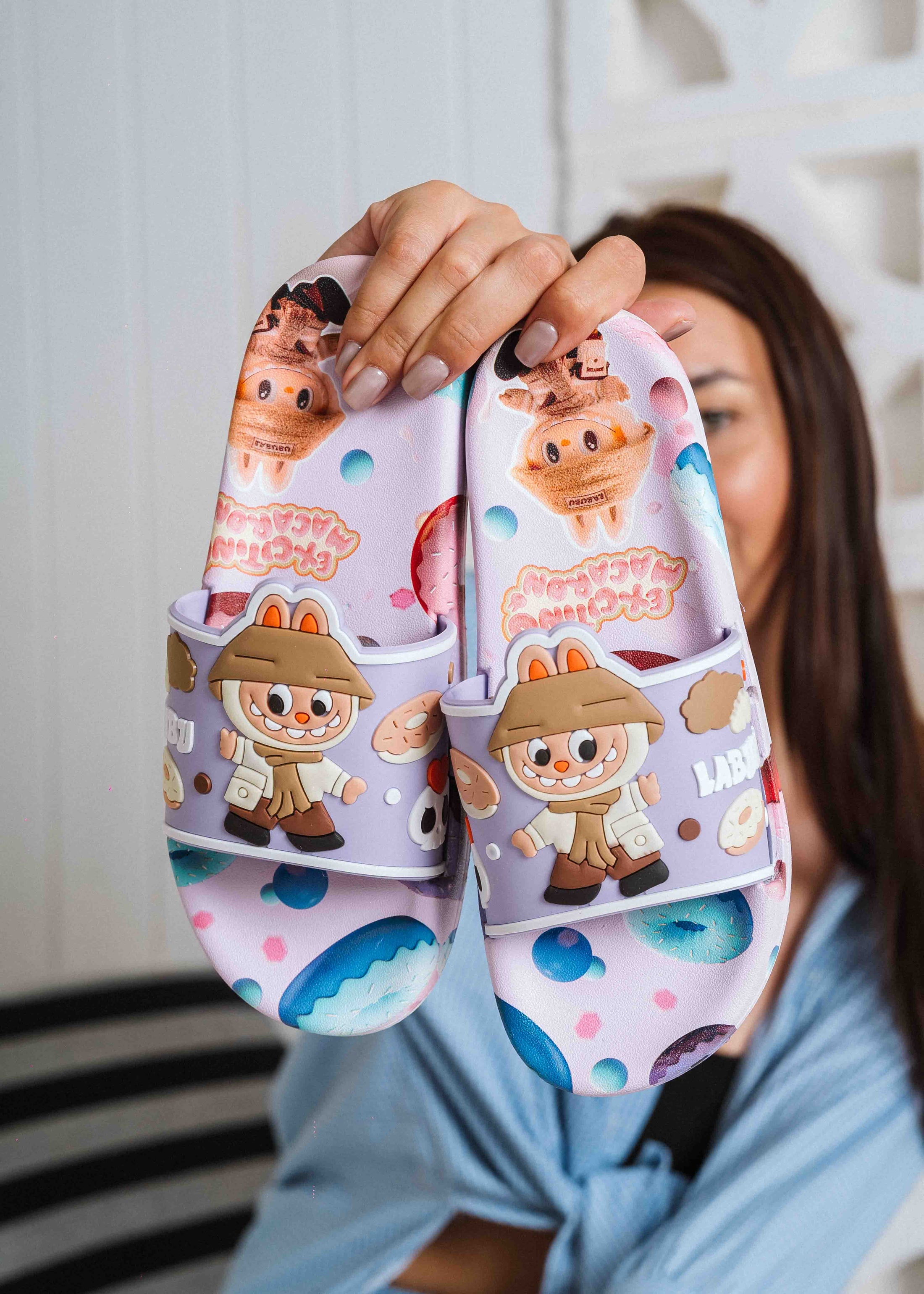 Playful Cartoon Macaron Slip-On Slides - purple