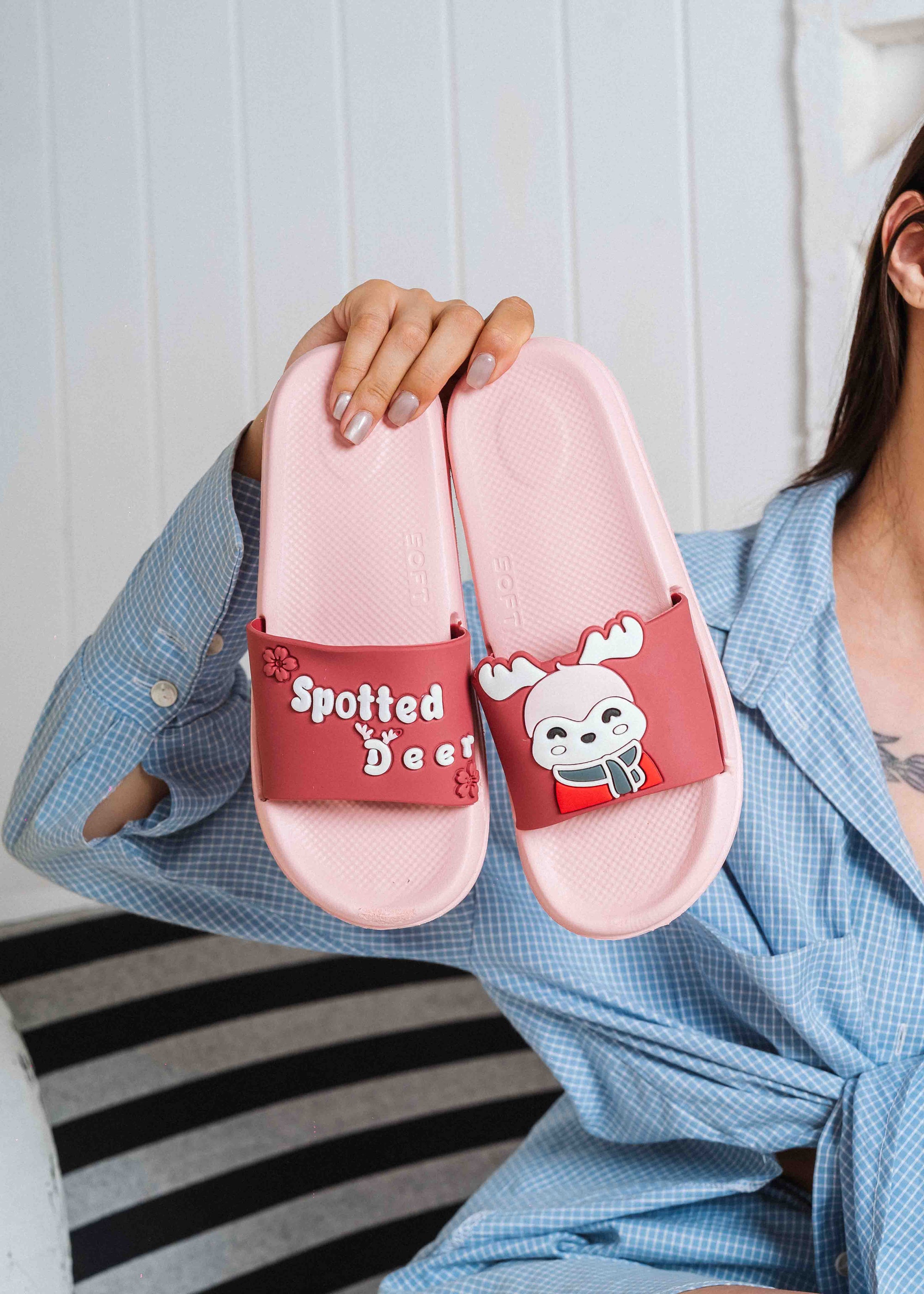 Cute Spotted Deer Comfort Slides - red