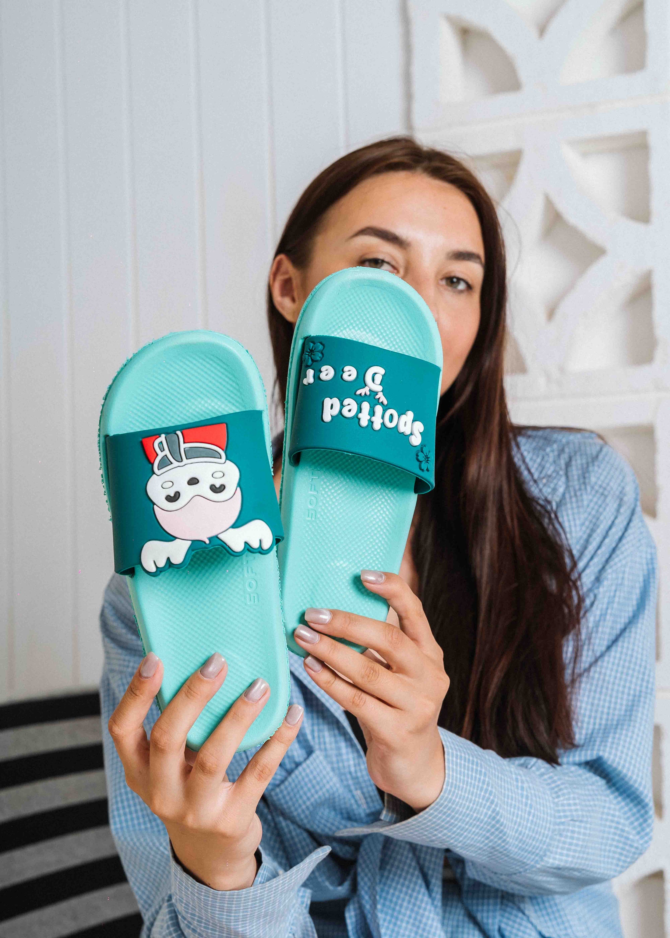 Cute Spotted Deer Comfort Slides - green