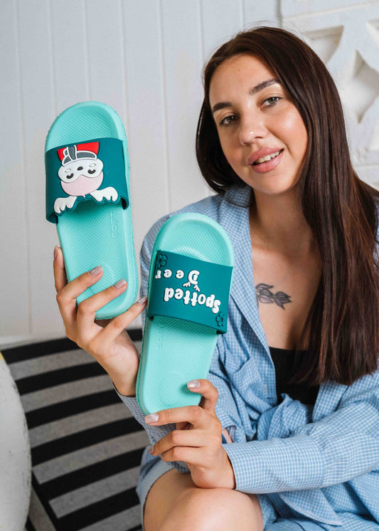 Cute Spotted Deer Comfort Slides - green