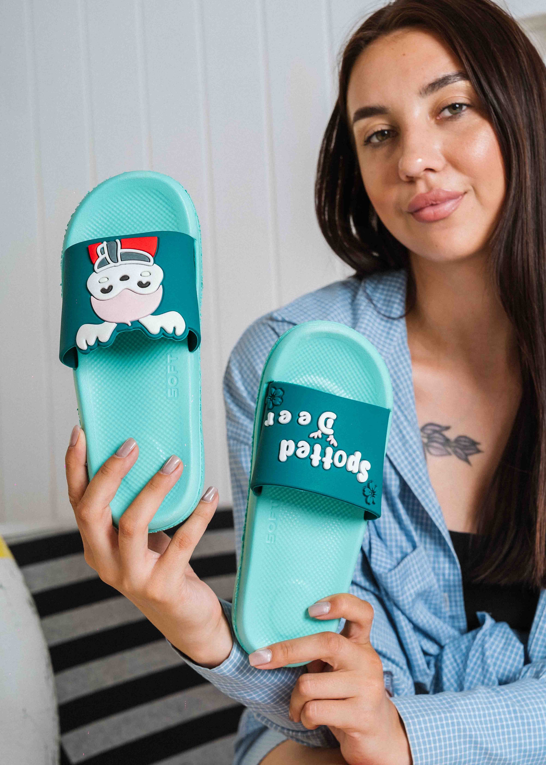 Cute Spotted Deer Comfort Slides - green