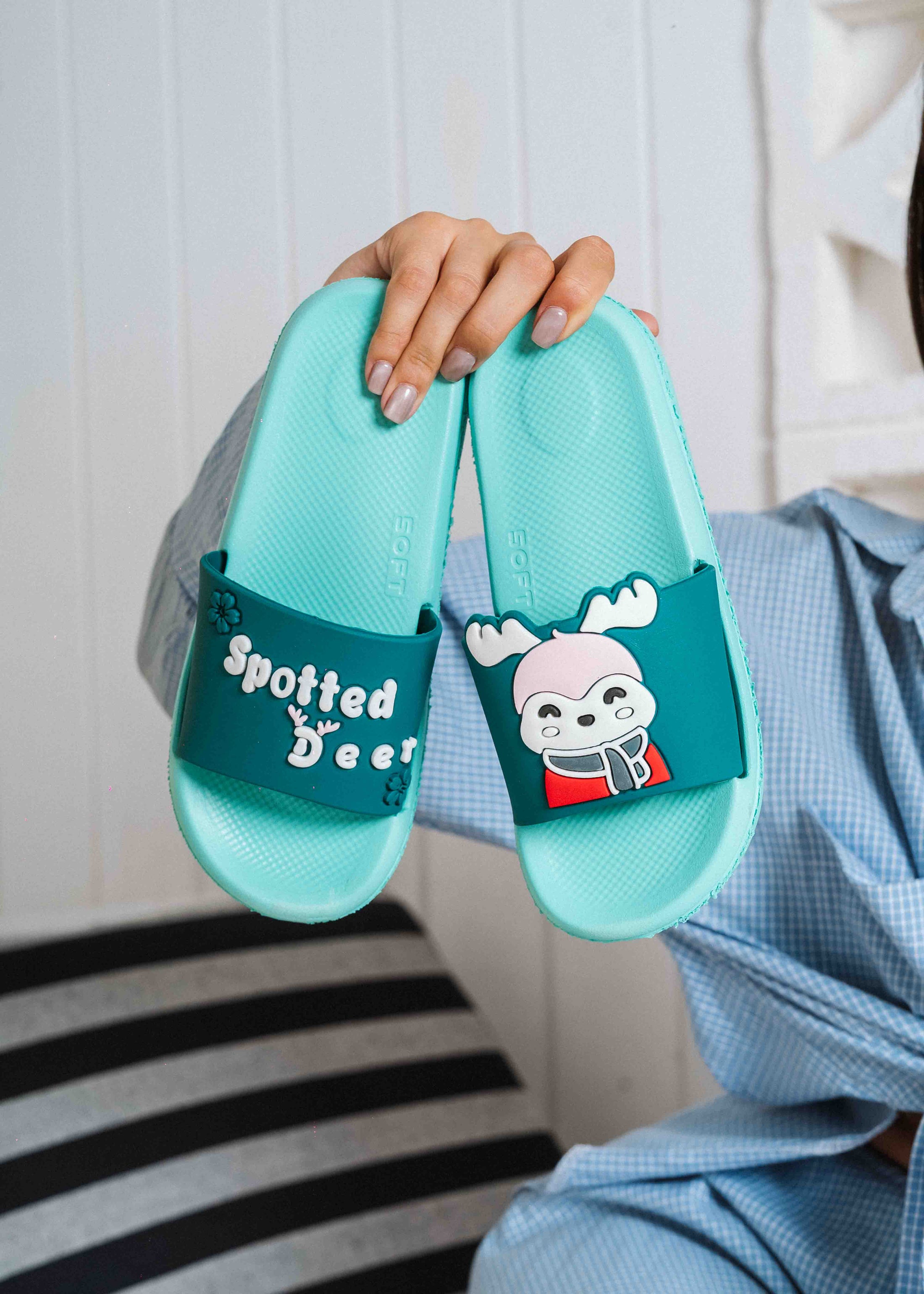 Cute Spotted Deer Comfort Slides - green