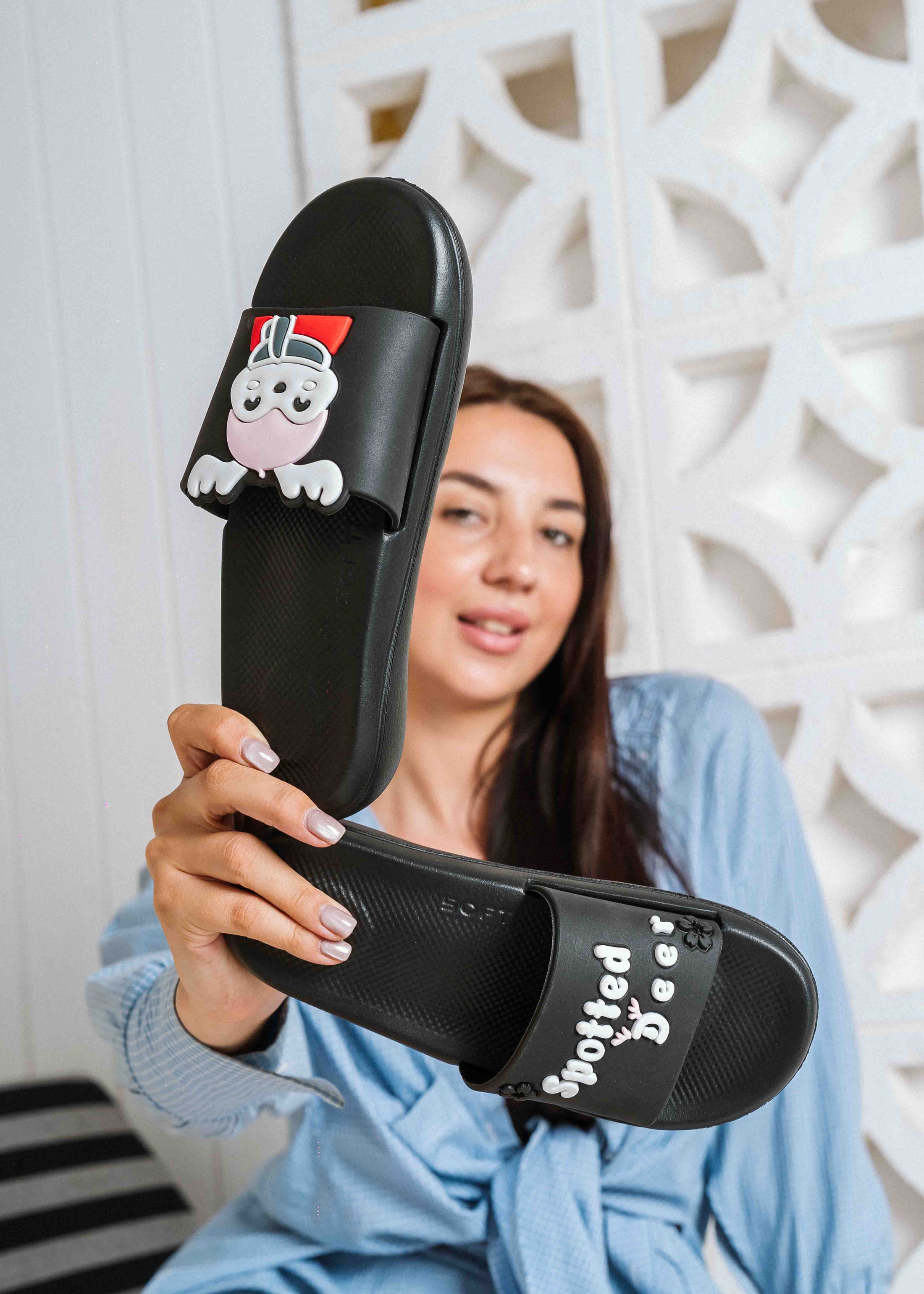Cute Spotted Deer Comfort Slides - black