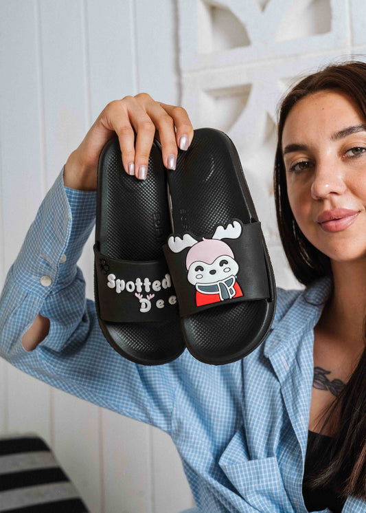 Cute Spotted Deer Comfort Slides - black