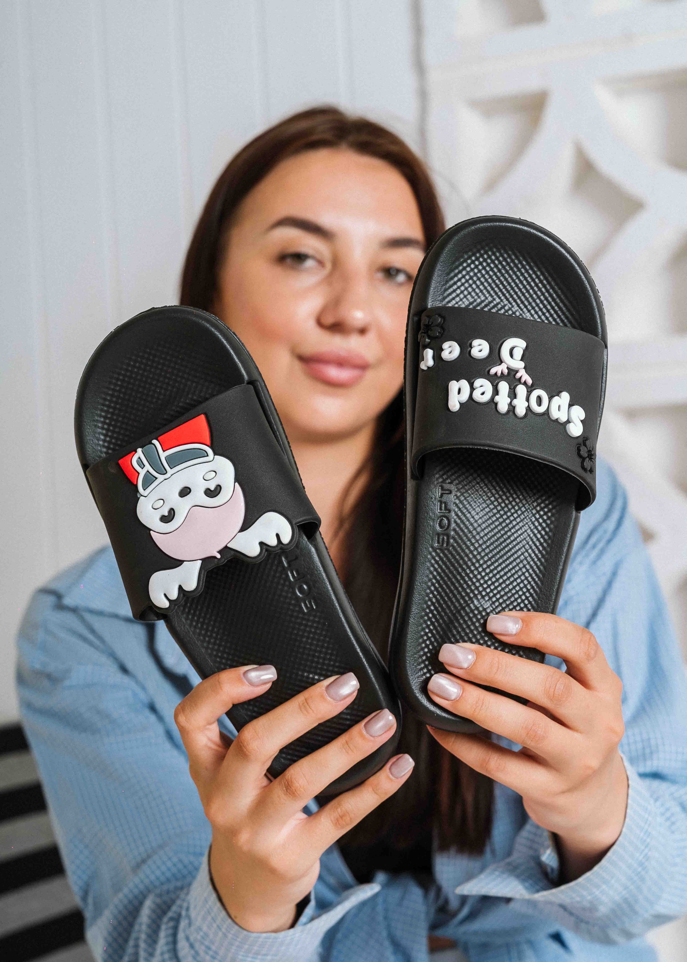 Cute Spotted Deer Comfort Slides - black