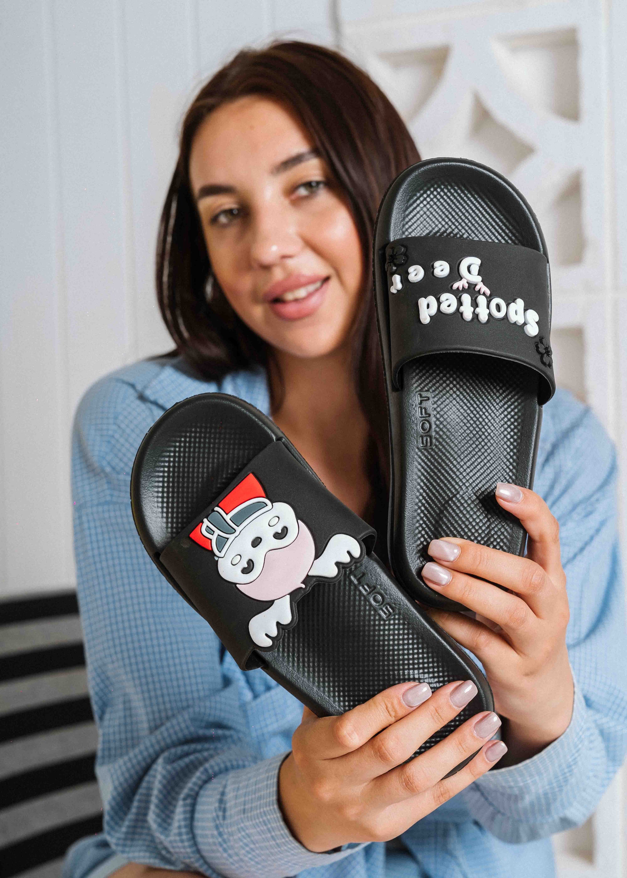 Cute Spotted Deer Comfort Slides - black