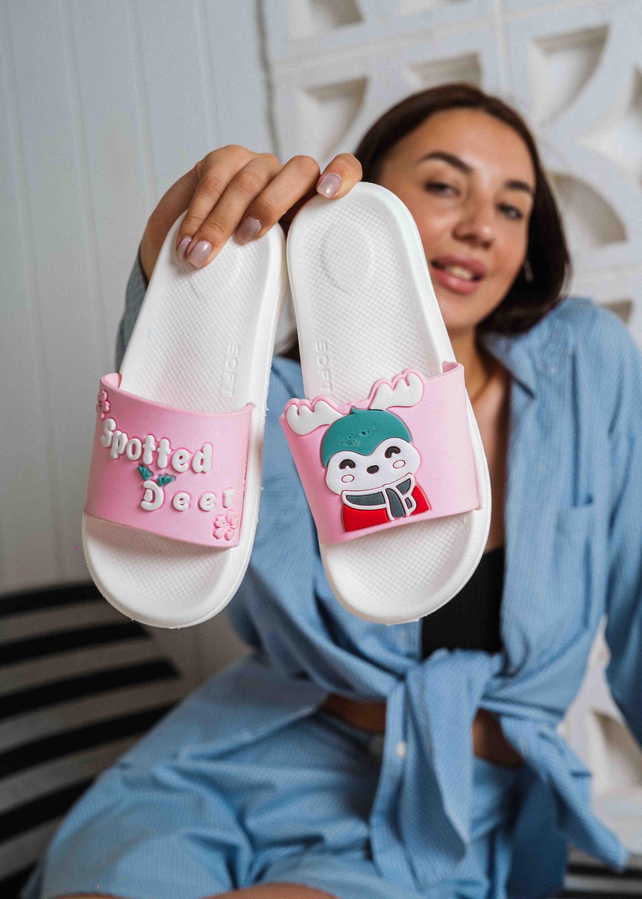 Cute Spotted Deer Comfort Slides - pink