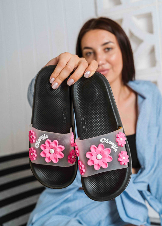 Soft Cushion Floral Summer Slides - black