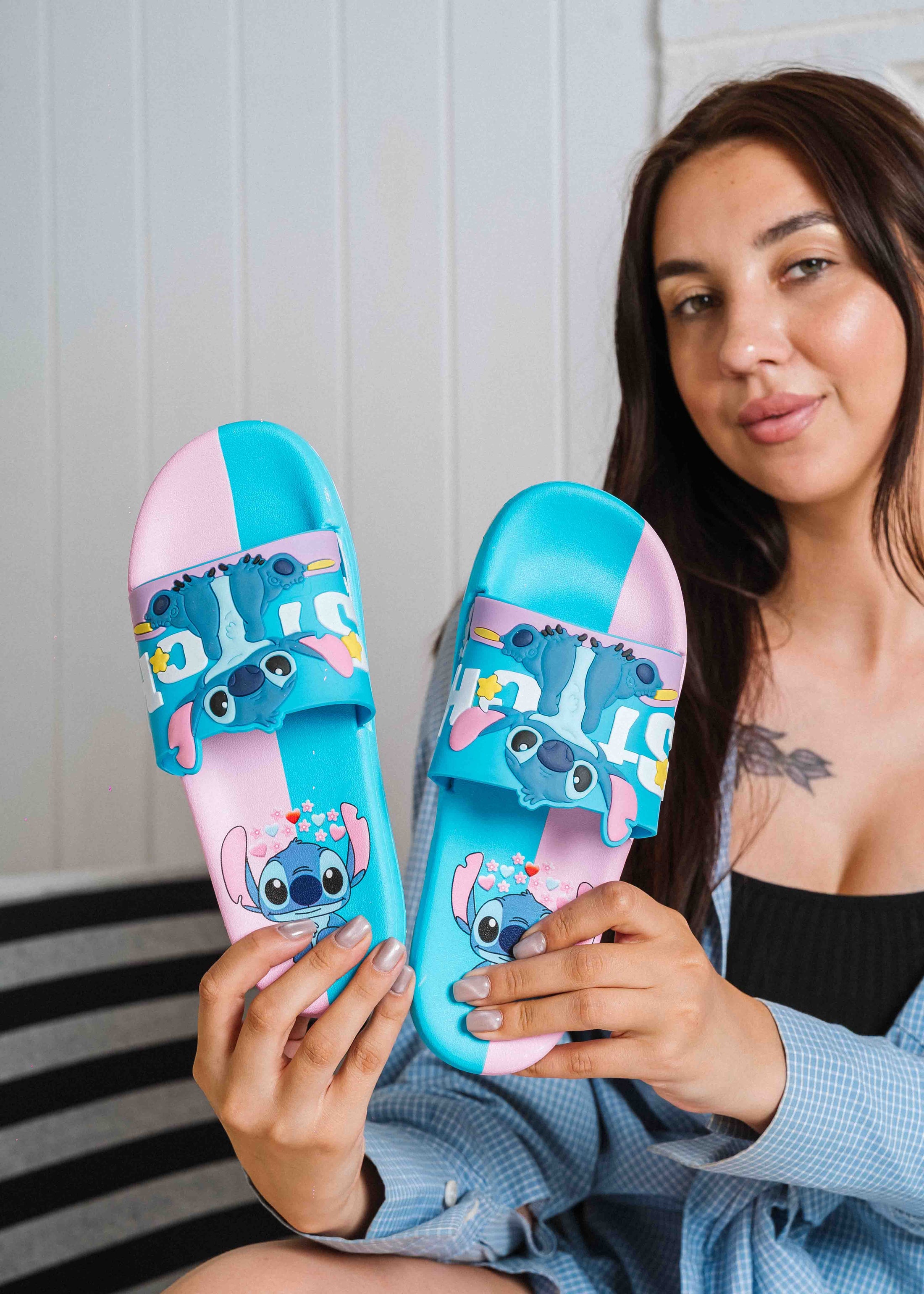 Cute Stitch Graphic Summer Slides - pink
