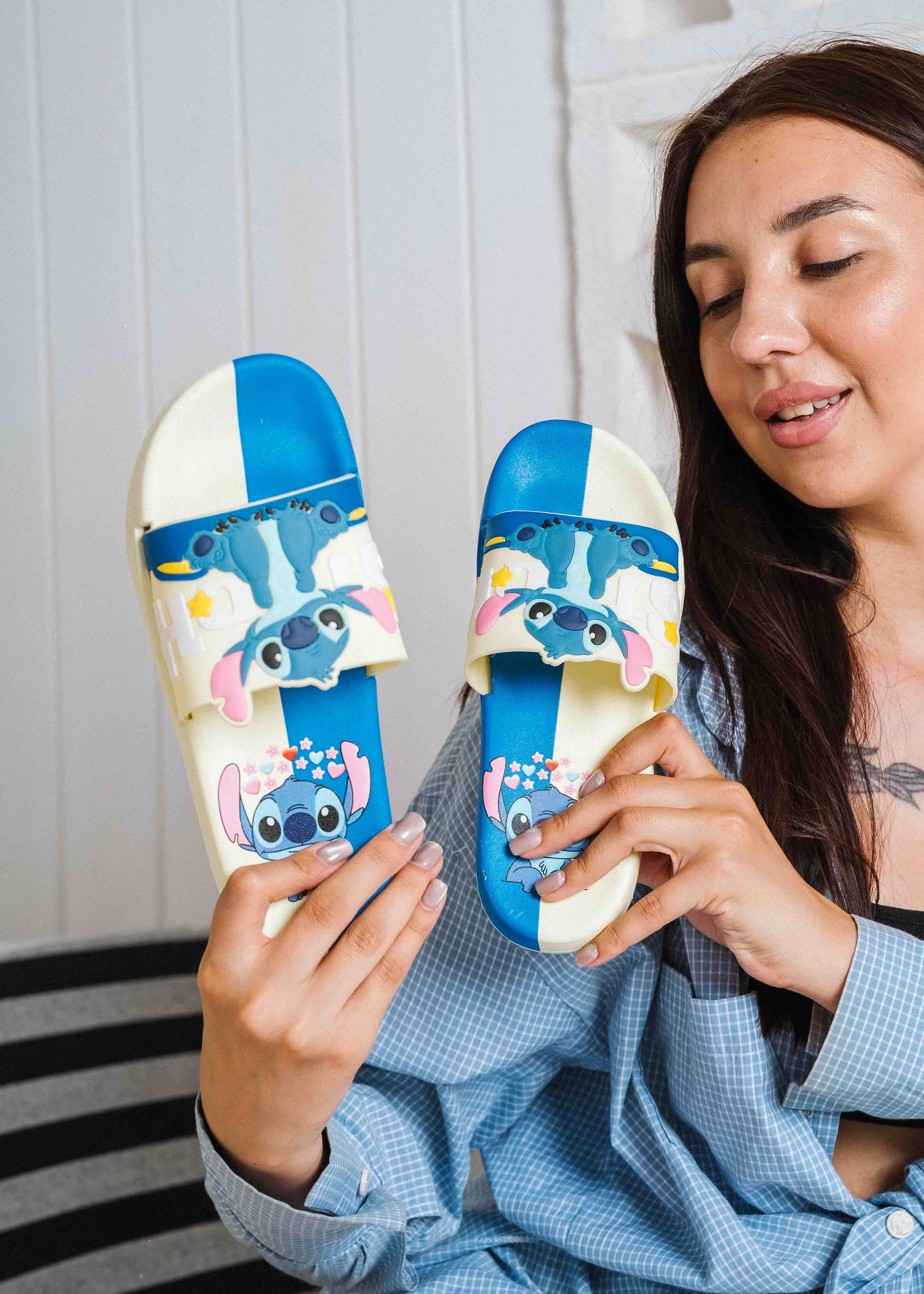 Cute Stitch Graphic Summer Slides - blue