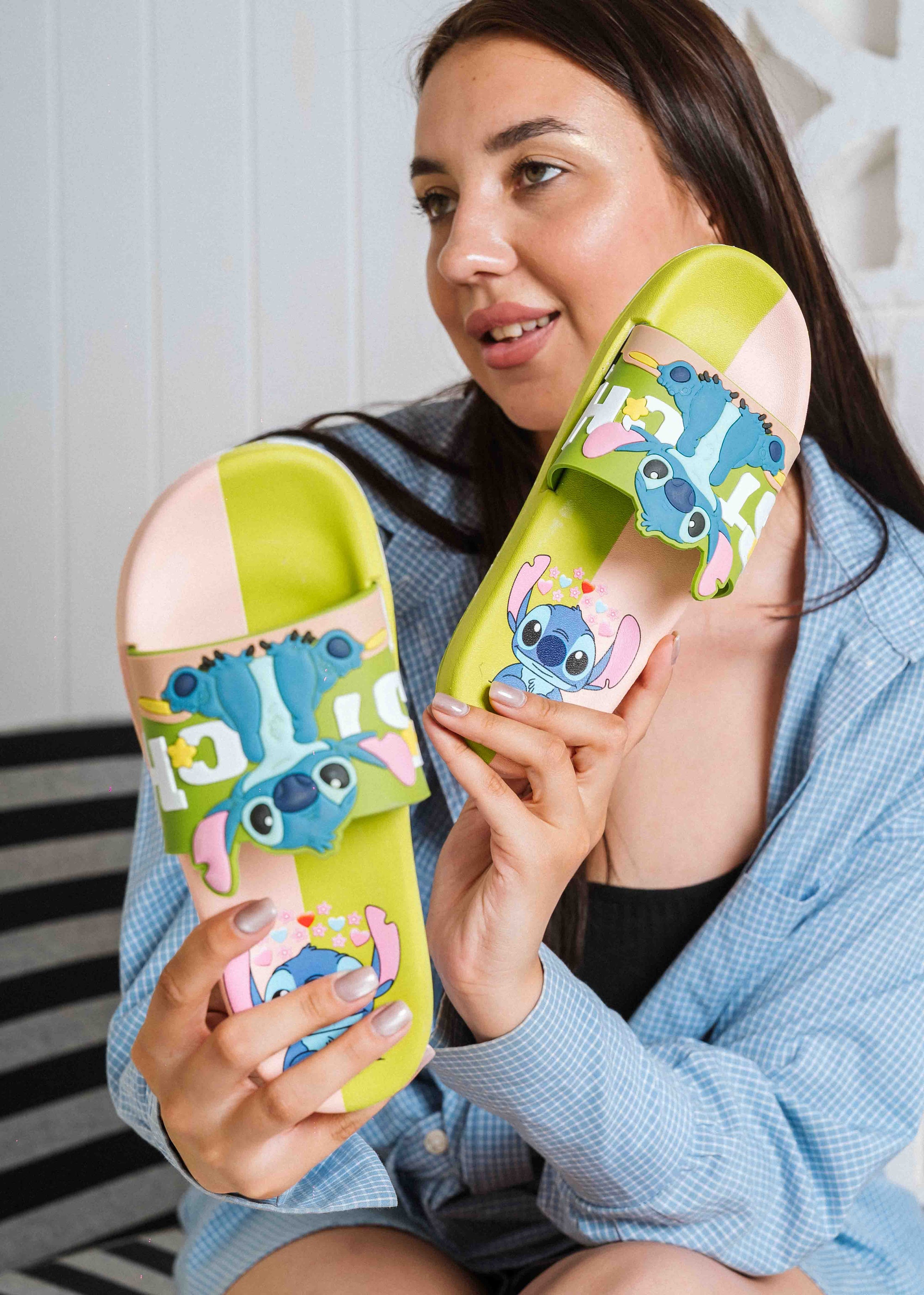 Cute Stitch Graphic Summer Slides - green