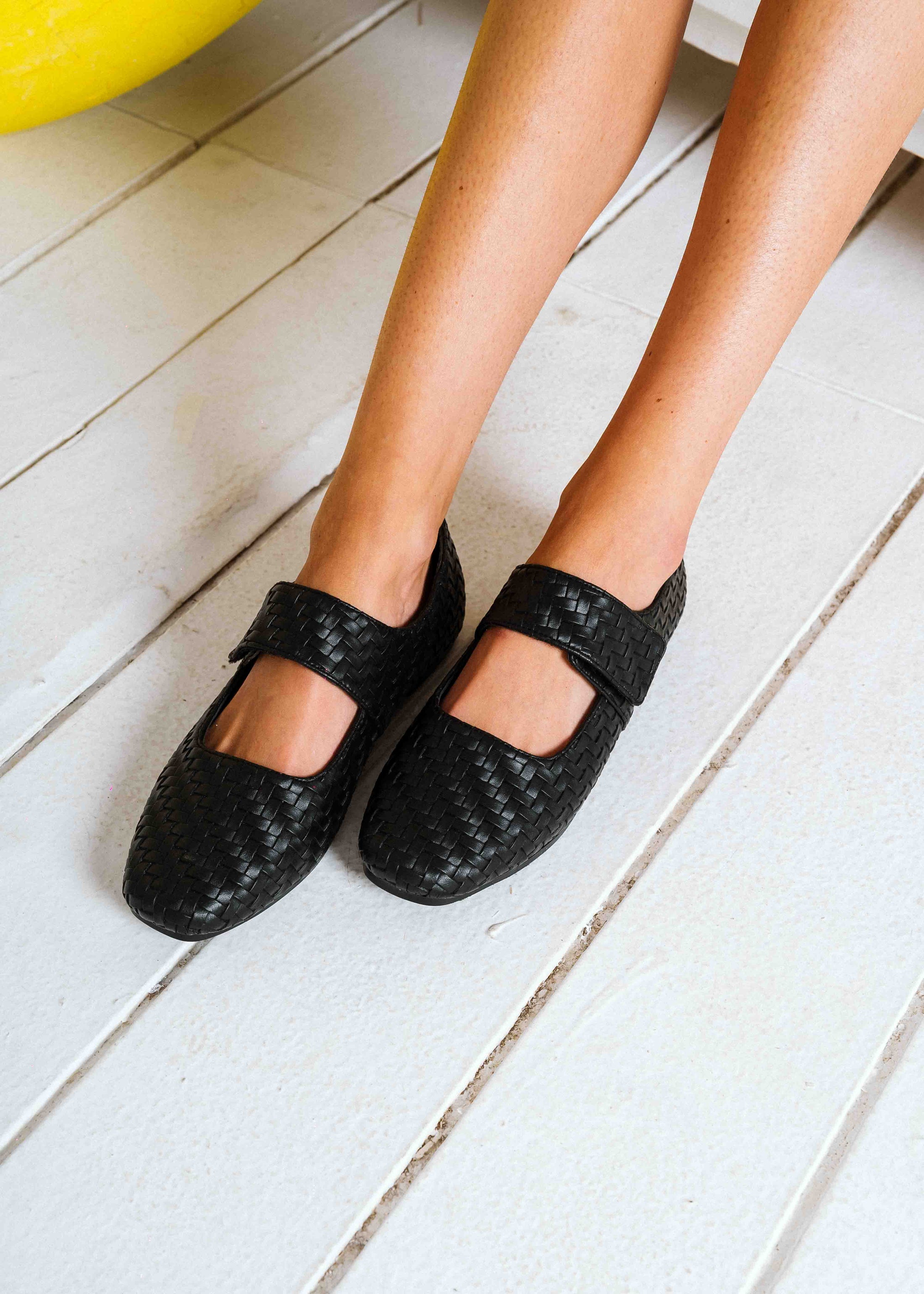 Wide-Strap Woven Flats - black