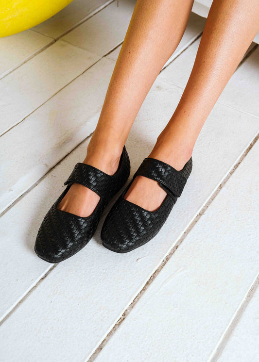 Wide-Strap Woven Flats - black