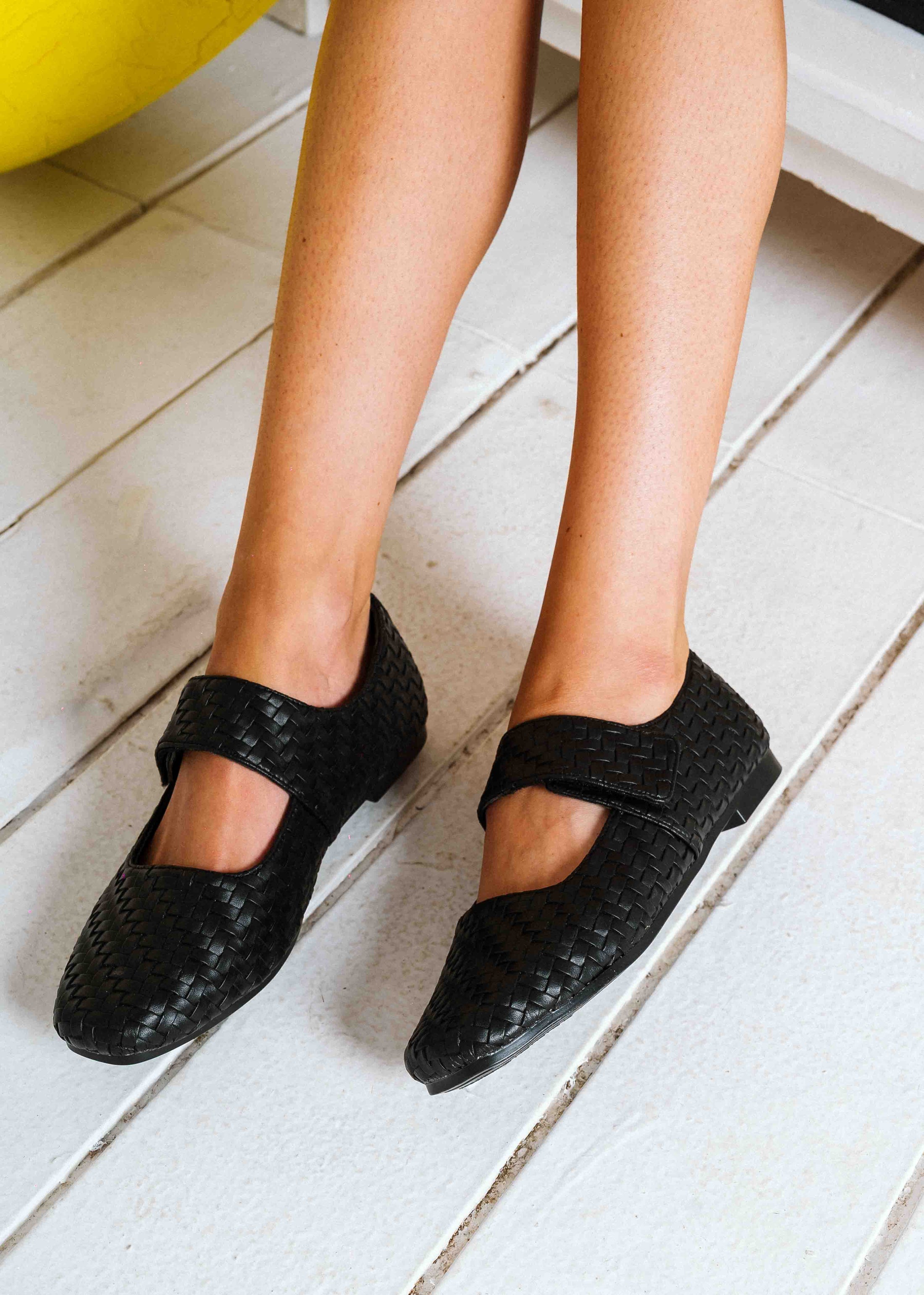 Wide-Strap Woven Flats - black