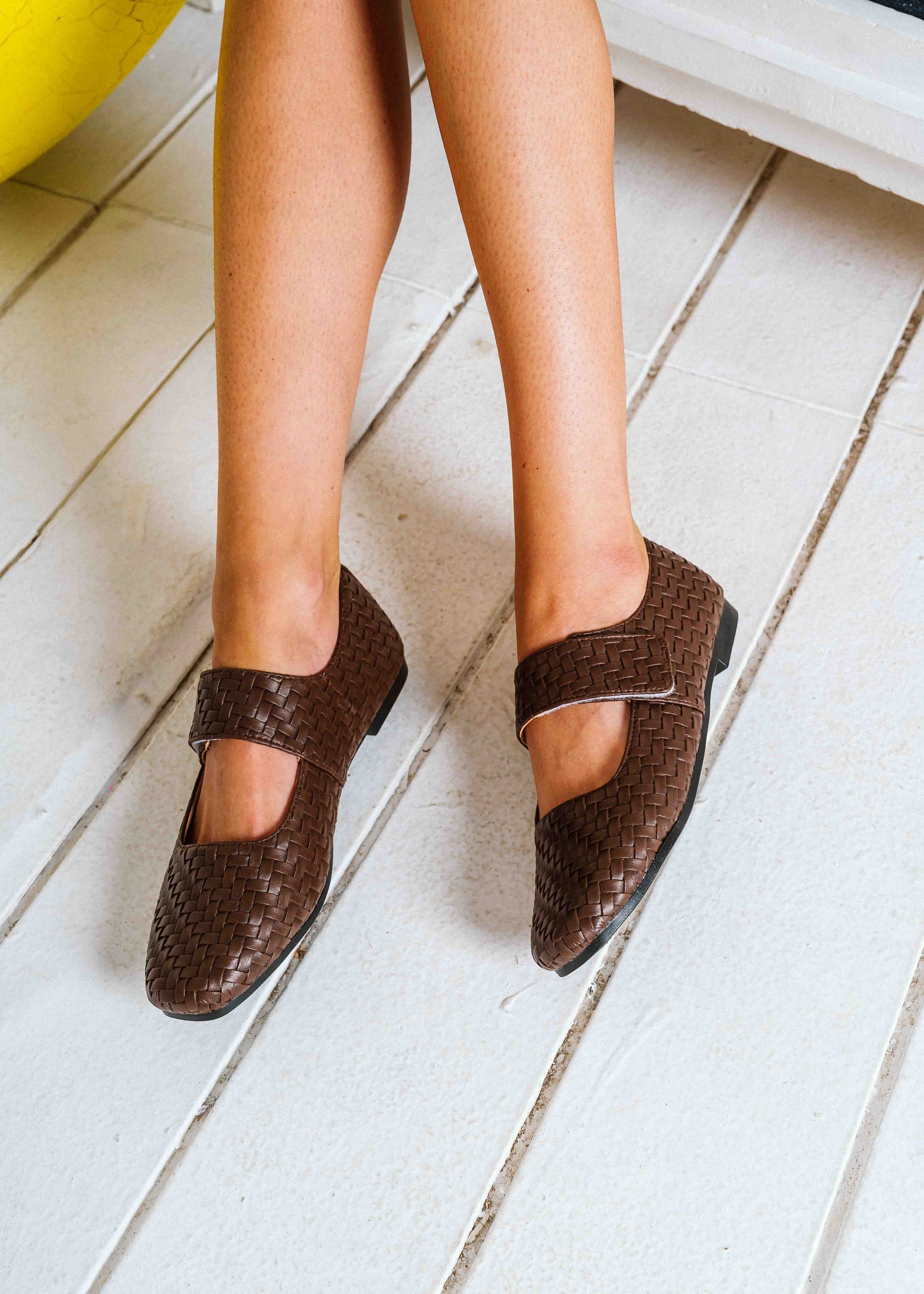 Wide-Strap Woven Flats - brown