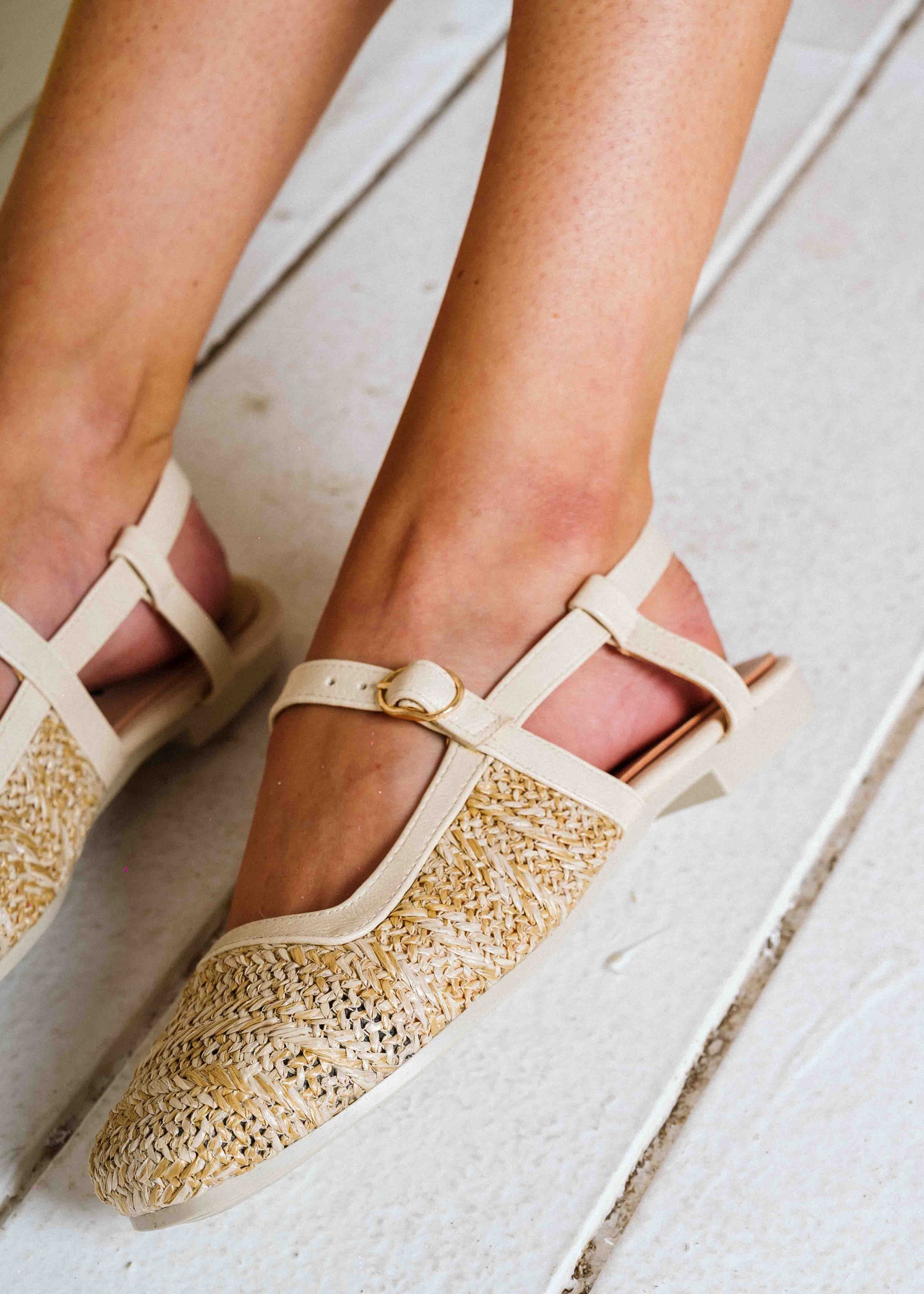 Ankle-Strap Woven Flats - beige