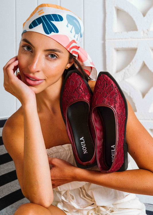 Sheer Lace Ballet Flats -  maroon