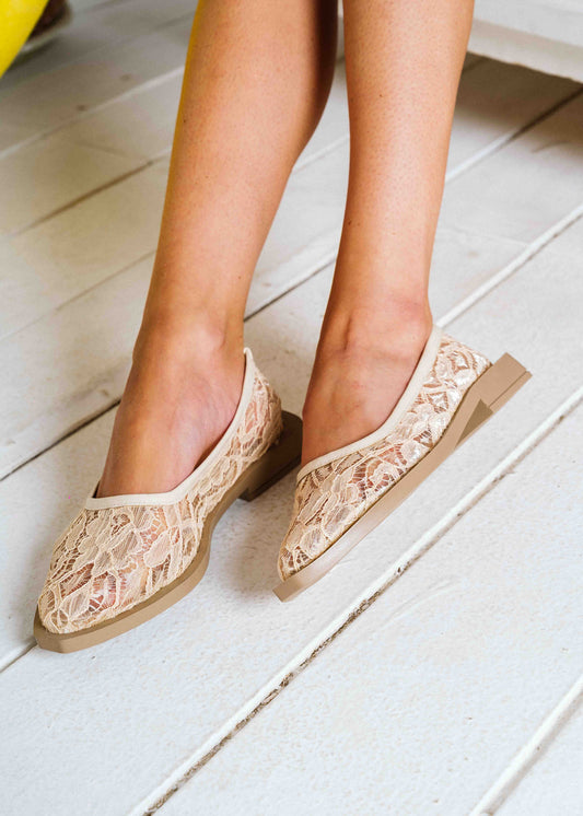 Sheer Lace Ballet Flats -  beige