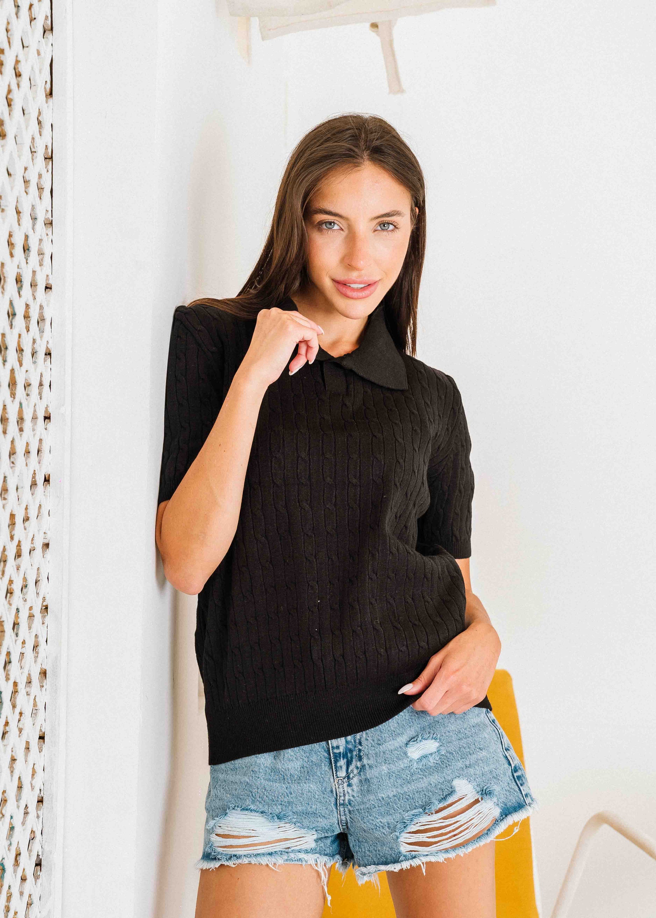 Cable-Knit Polo Shirt - balck