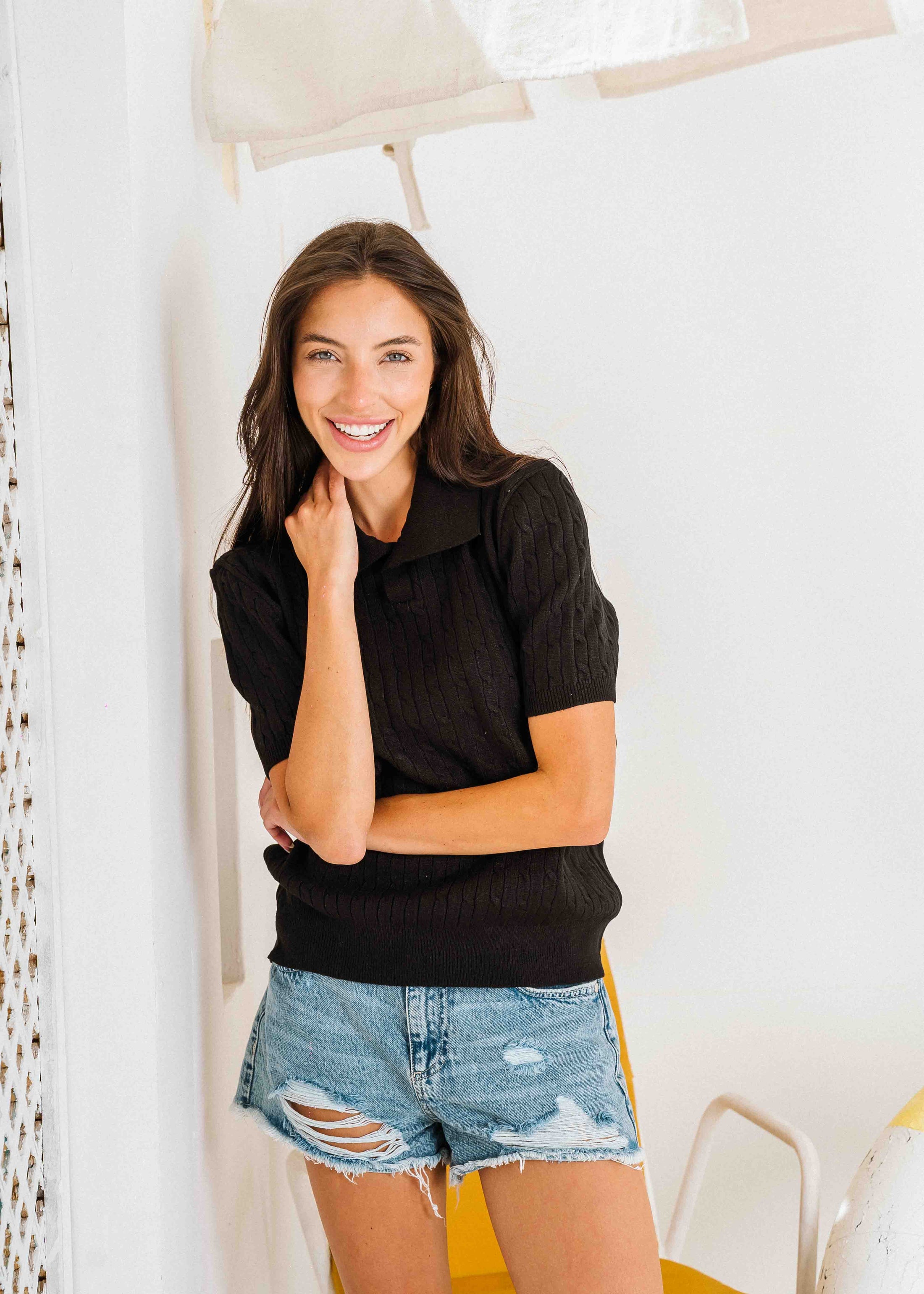 Cable-Knit Polo Shirt - balck