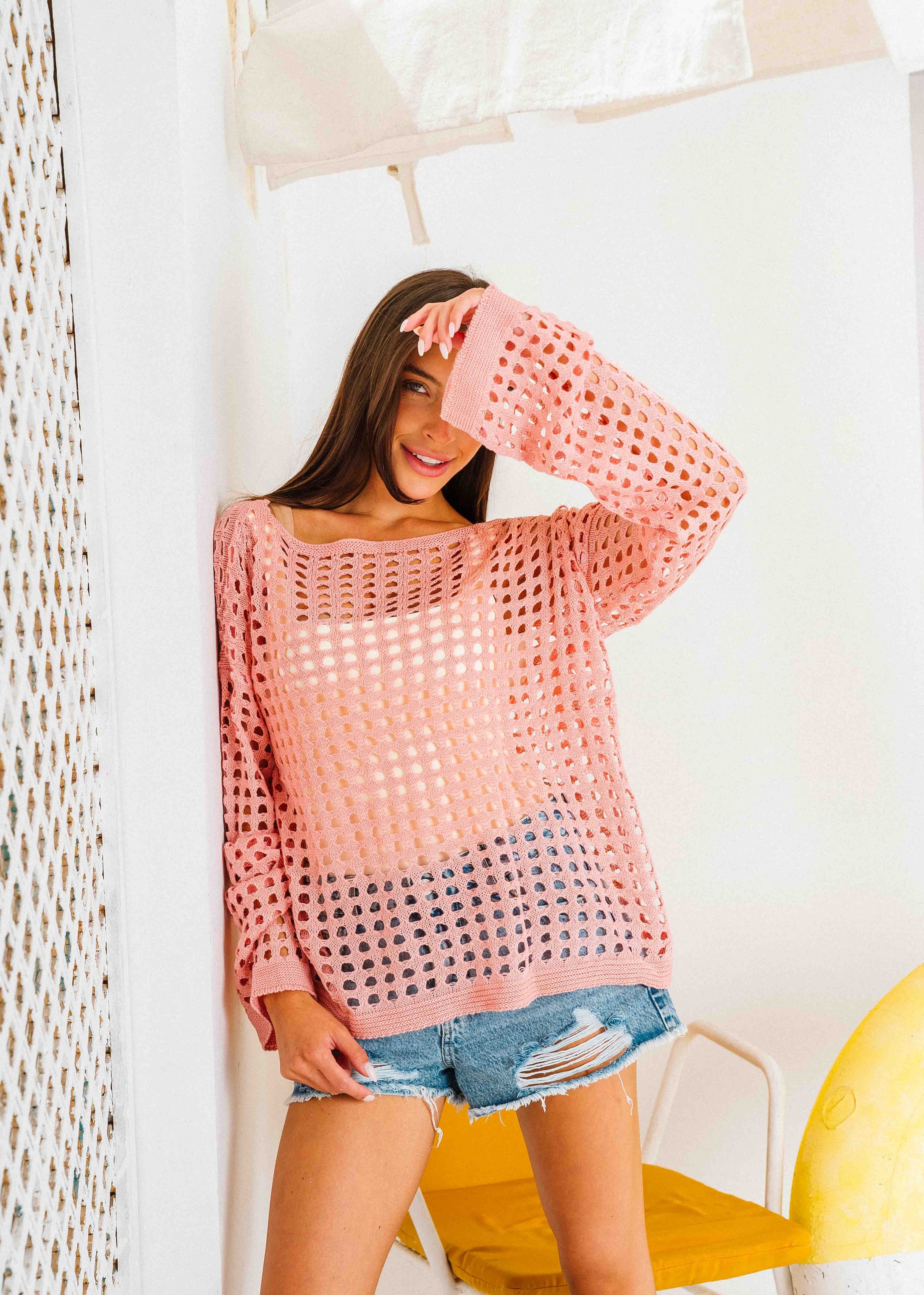 Boat Neck Crochet Knit Top - pink