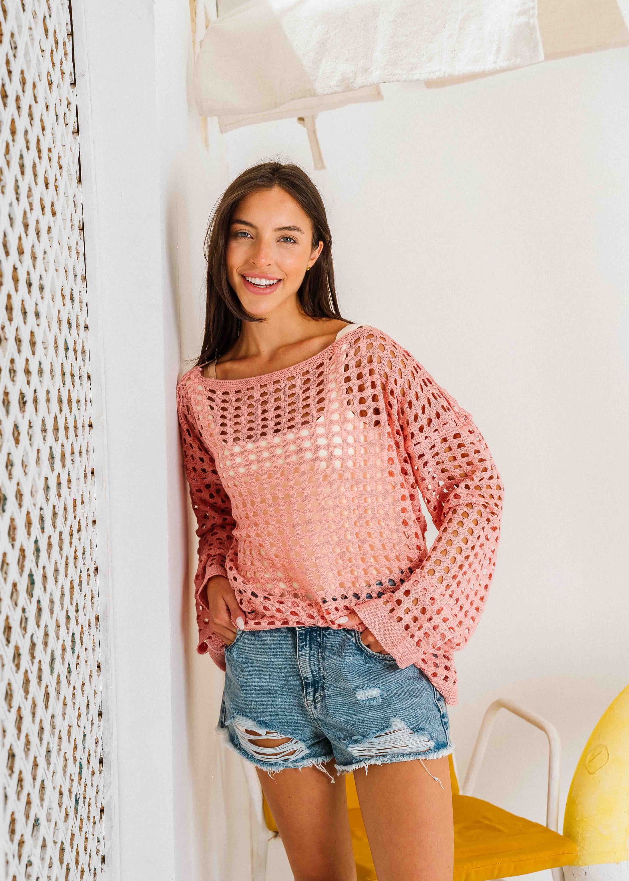 Boat Neck Crochet Knit Top - pink