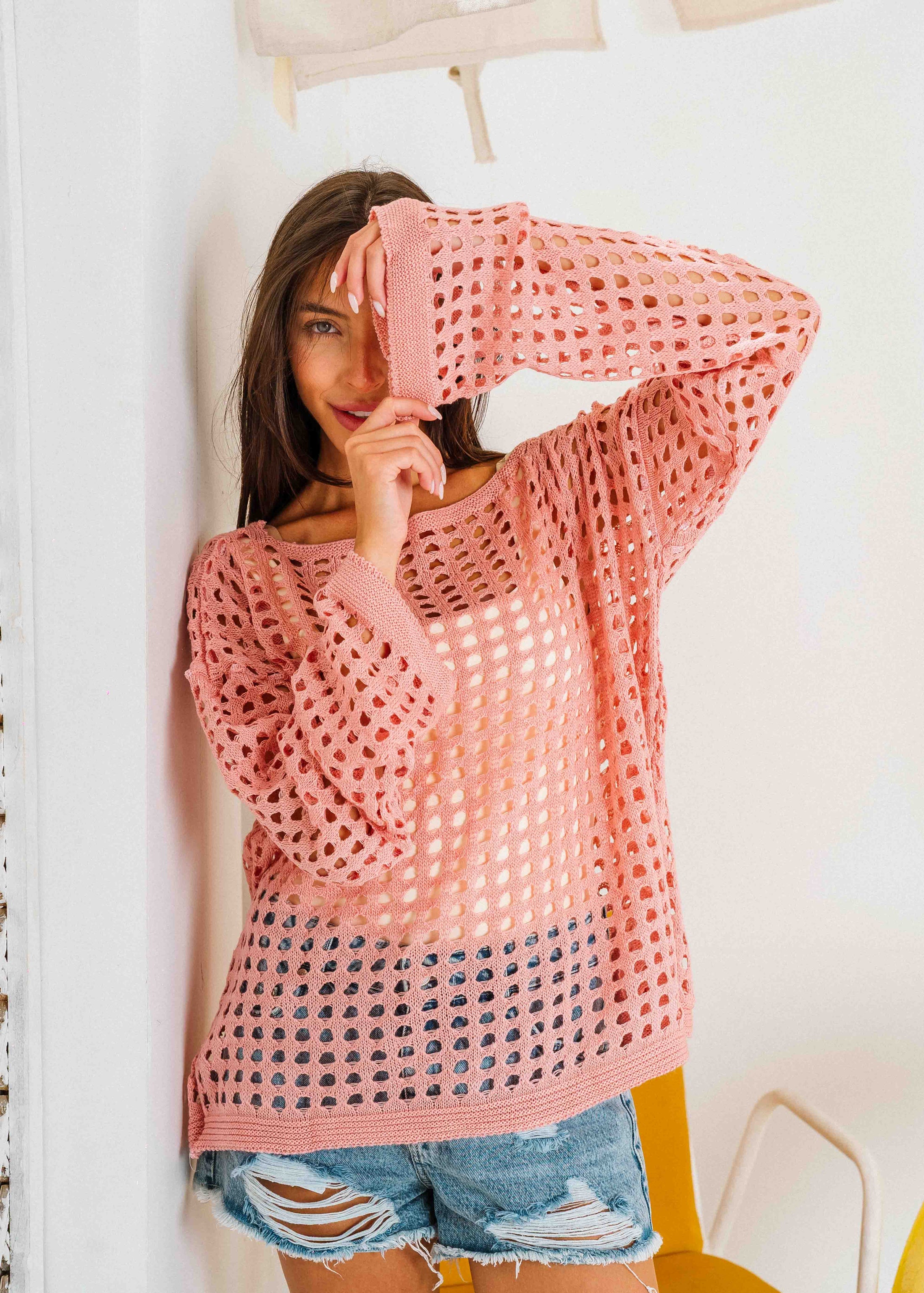 Boat Neck Crochet Knit Top - pink