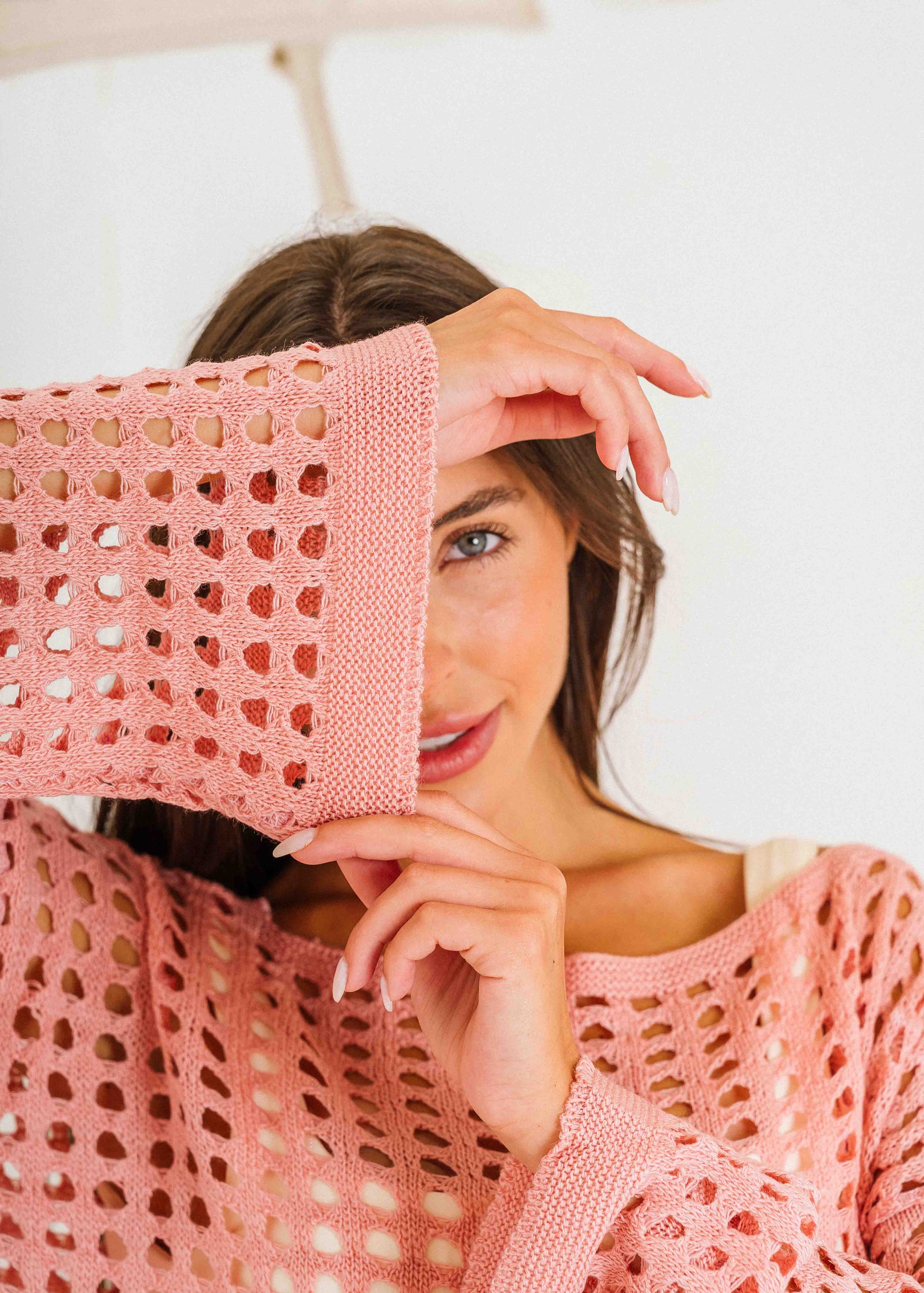 Boat Neck Crochet Knit Top - pink