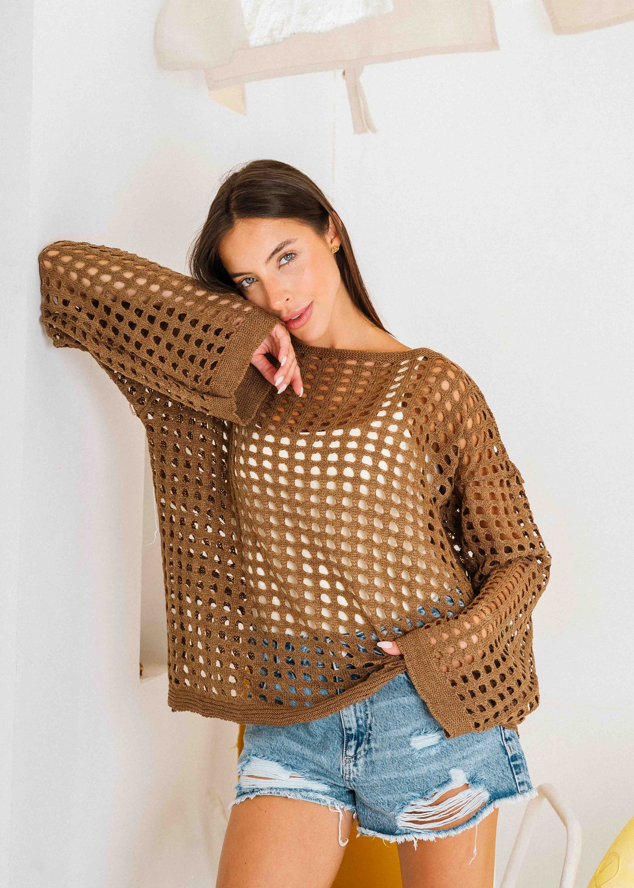 Boat Neck Crochet Knit Top - brown