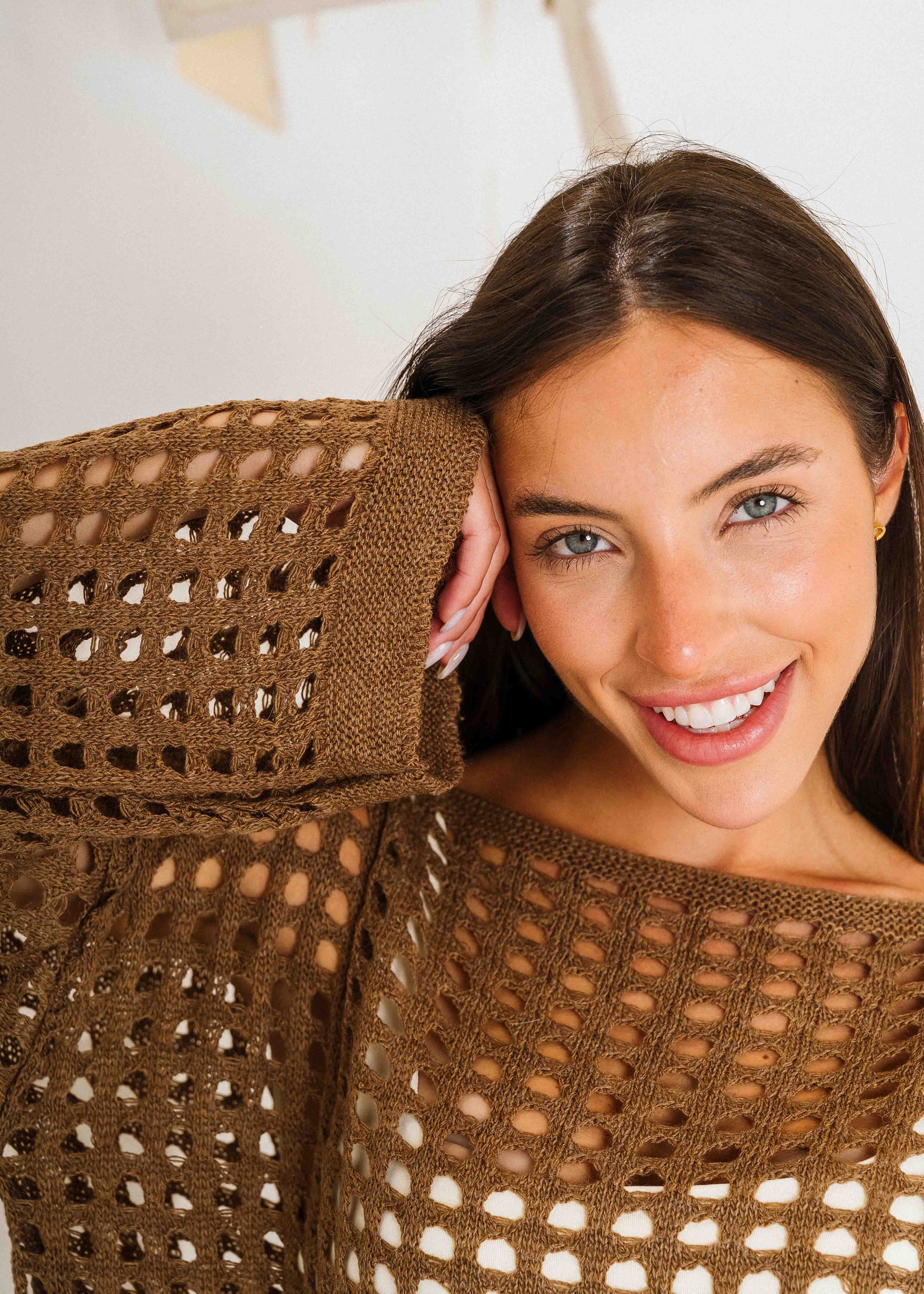Boat Neck Crochet Knit Top - brown