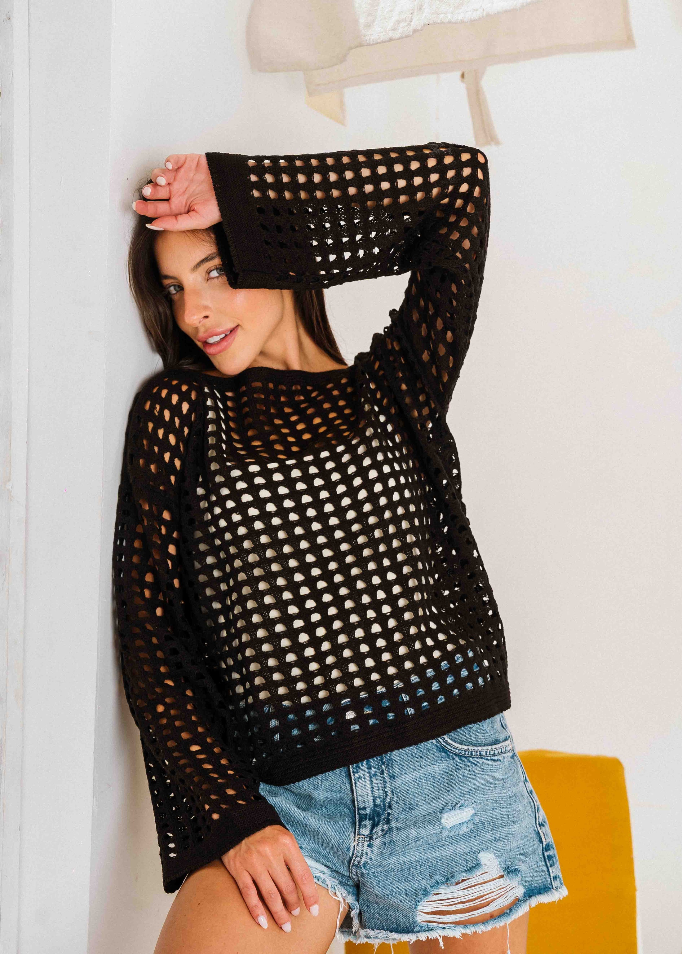 Boat Neck Crochet Knit Top - black