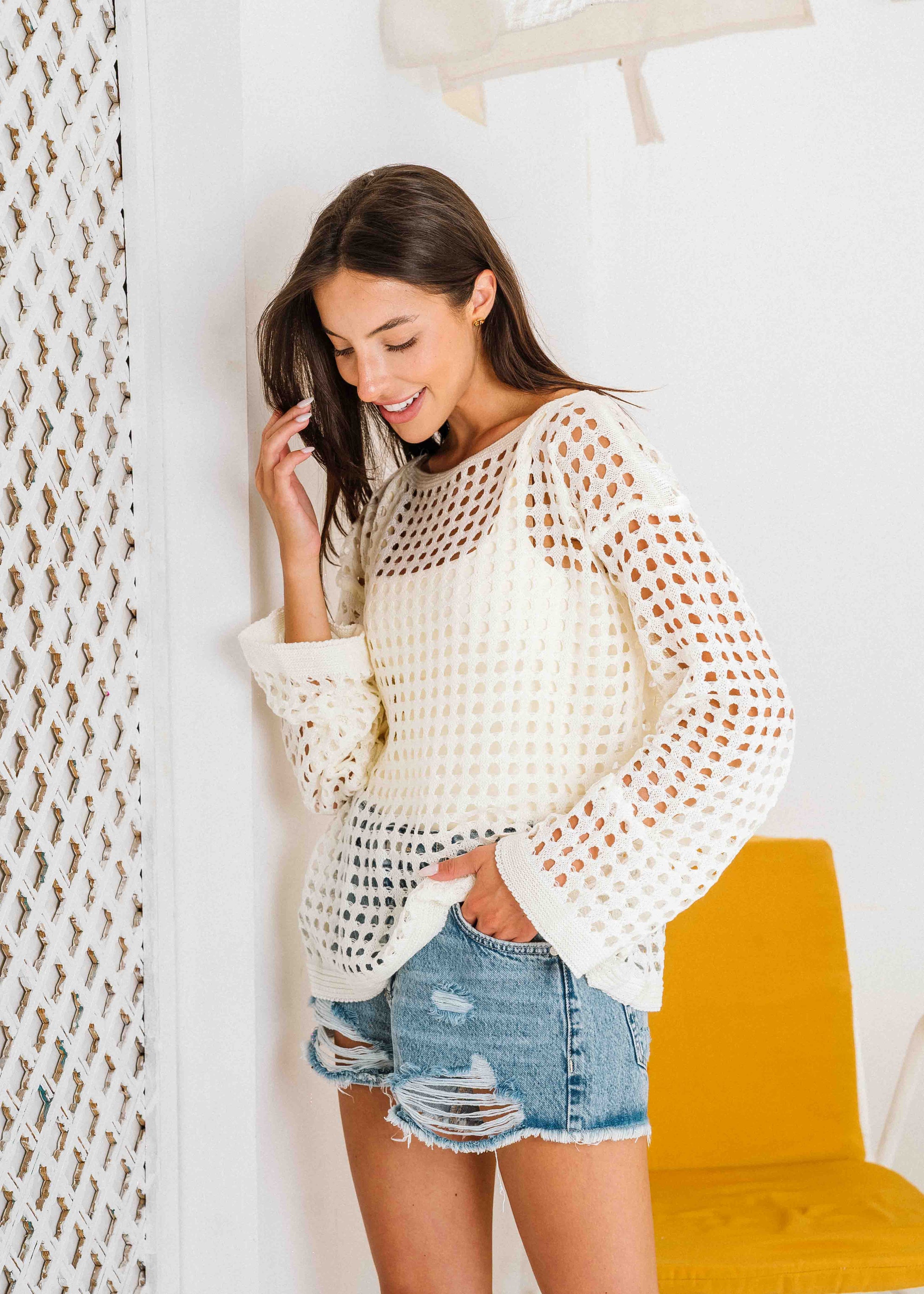 Boat Neck Crochet Knit Top - white