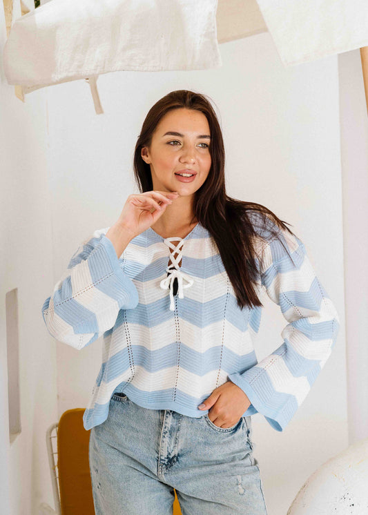 Coastal Chevron Knit Sweate - blue