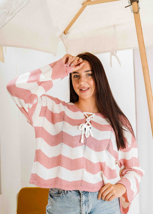 Coastal Chevron Knit Sweate - pink