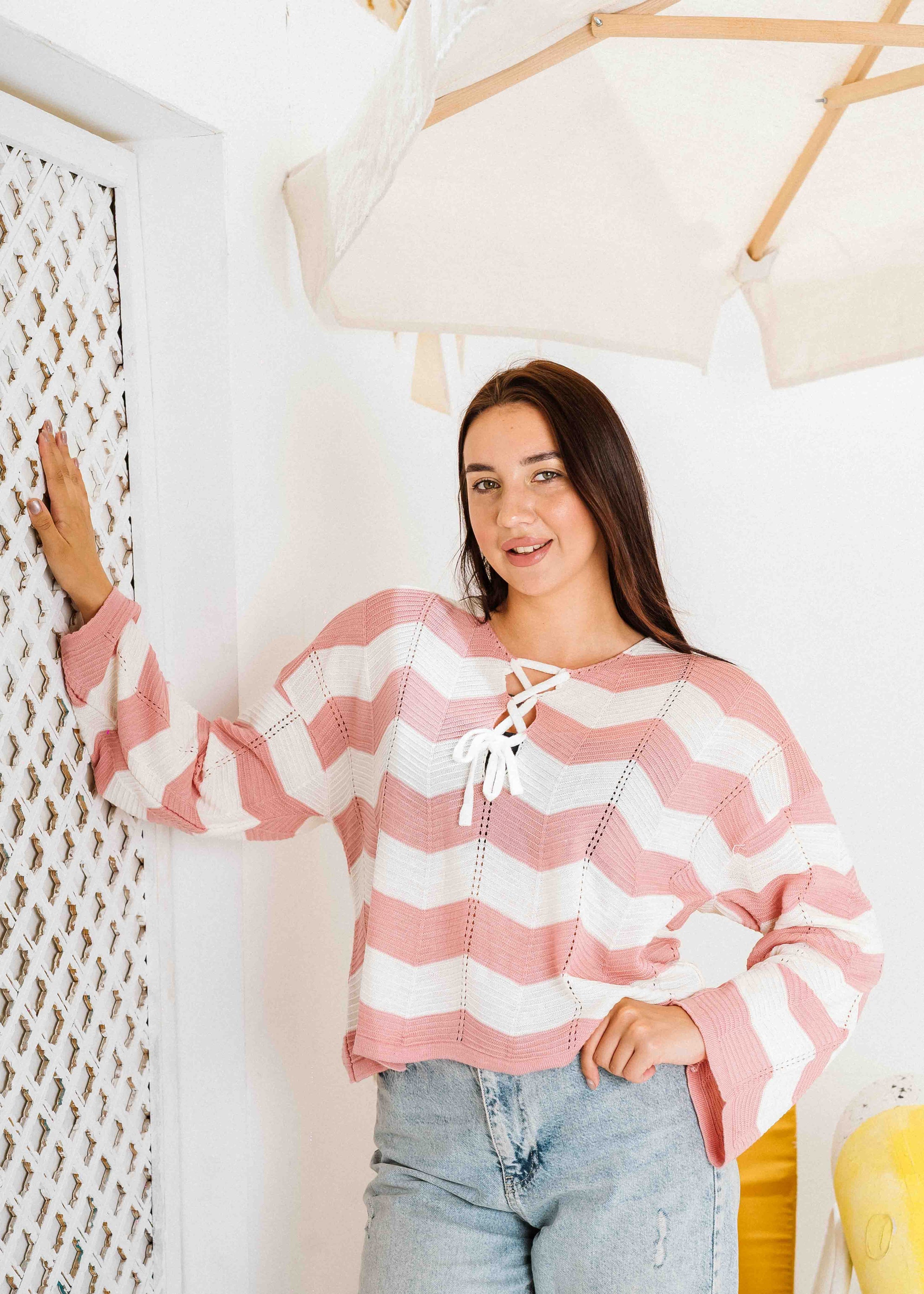 Coastal Chevron Knit Sweate - pink
