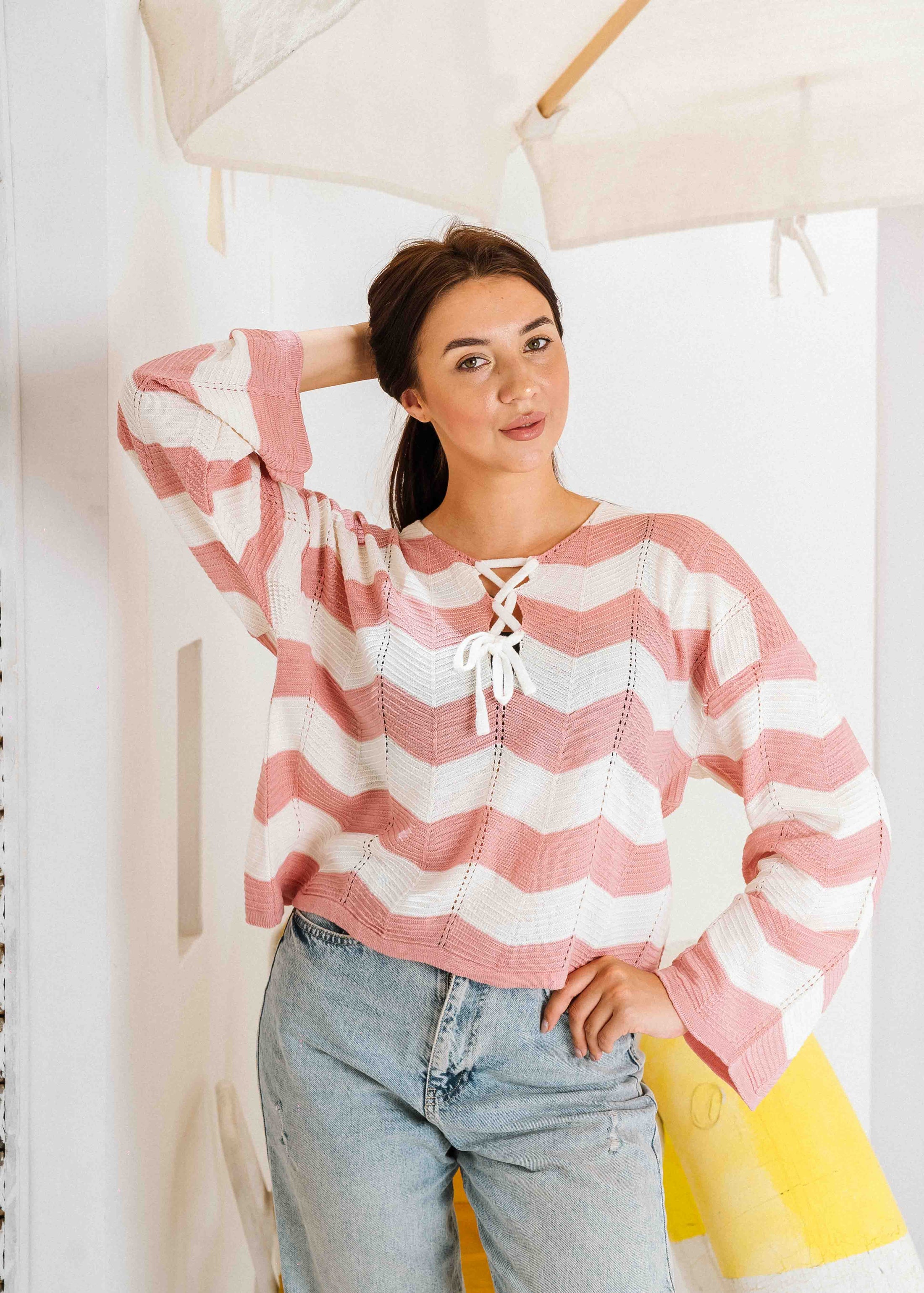 Coastal Chevron Knit Sweate - pink