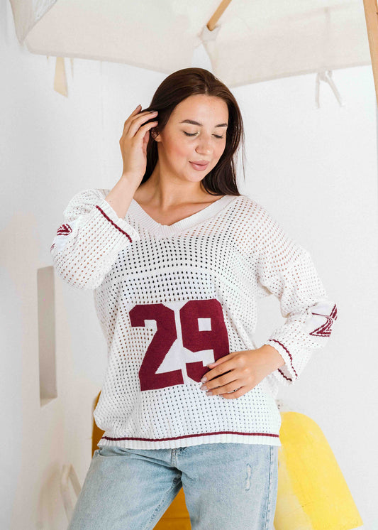 Retro Athletic Knit Sweater - white