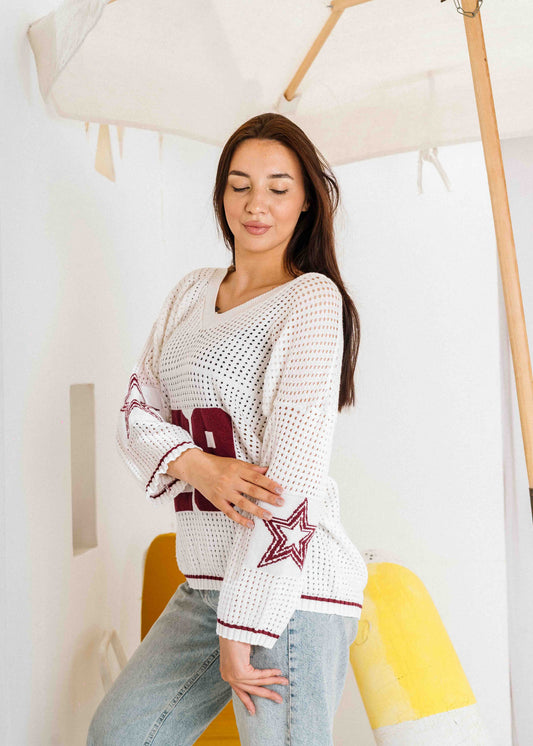 Retro Athletic Knit Sweater - white