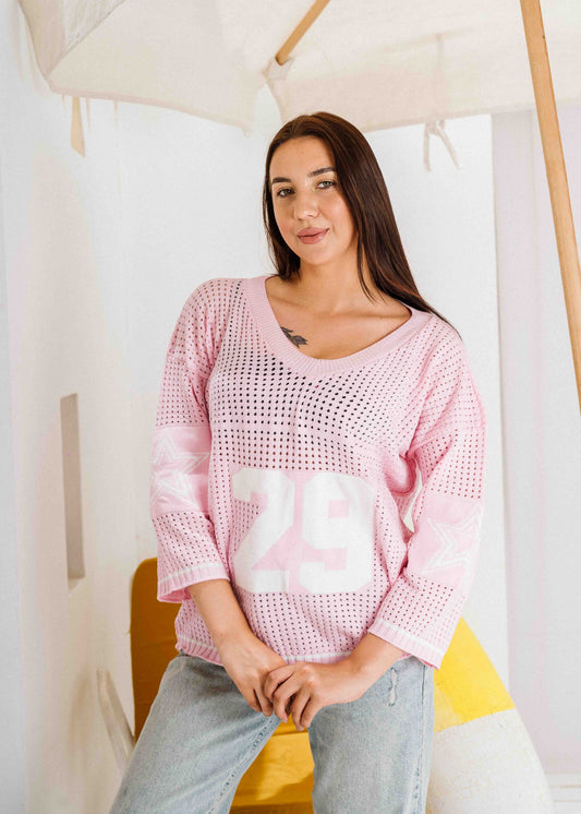 Retro Athletic Knit Sweater - pink