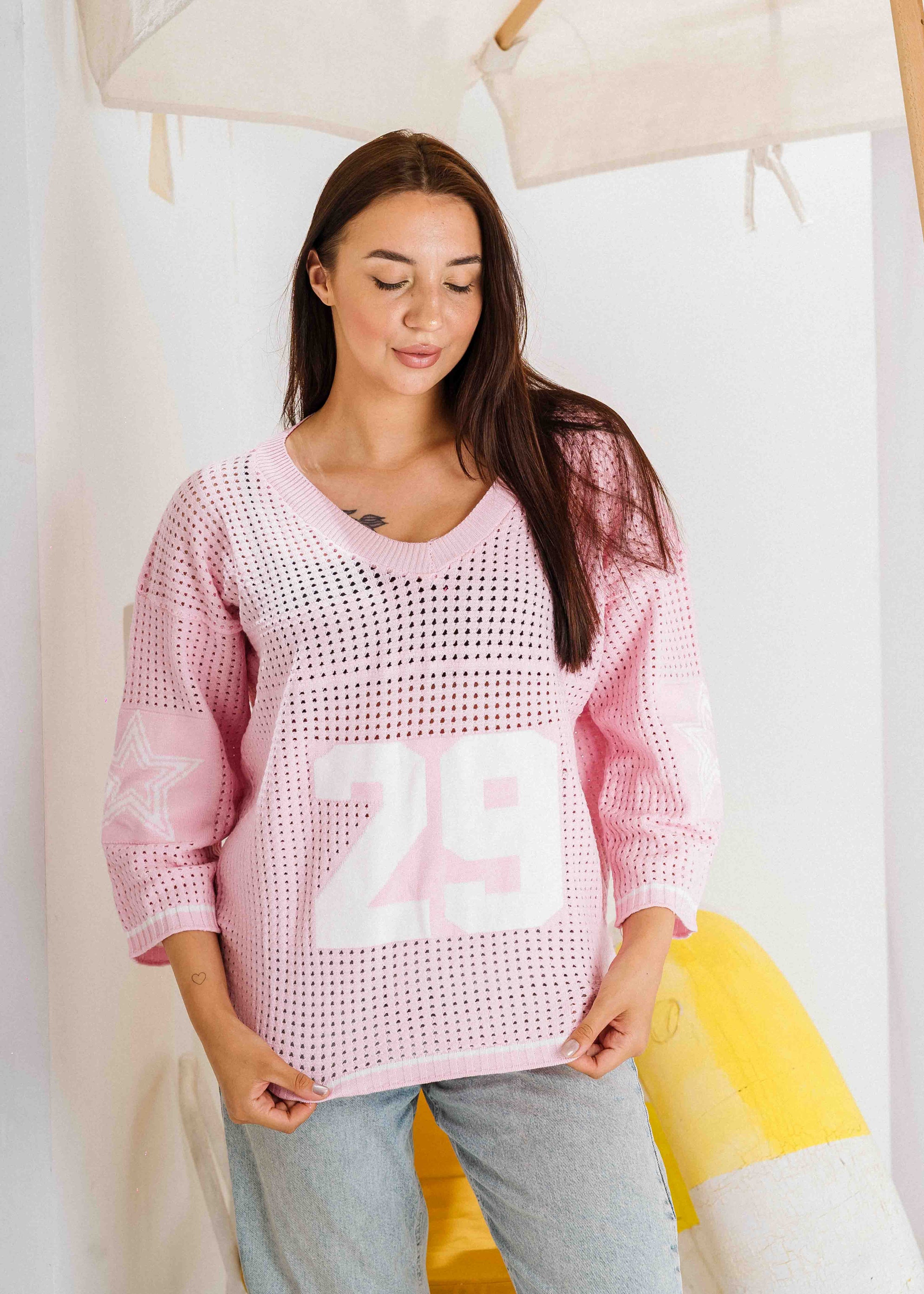 Retro Athletic Knit Sweater - pink