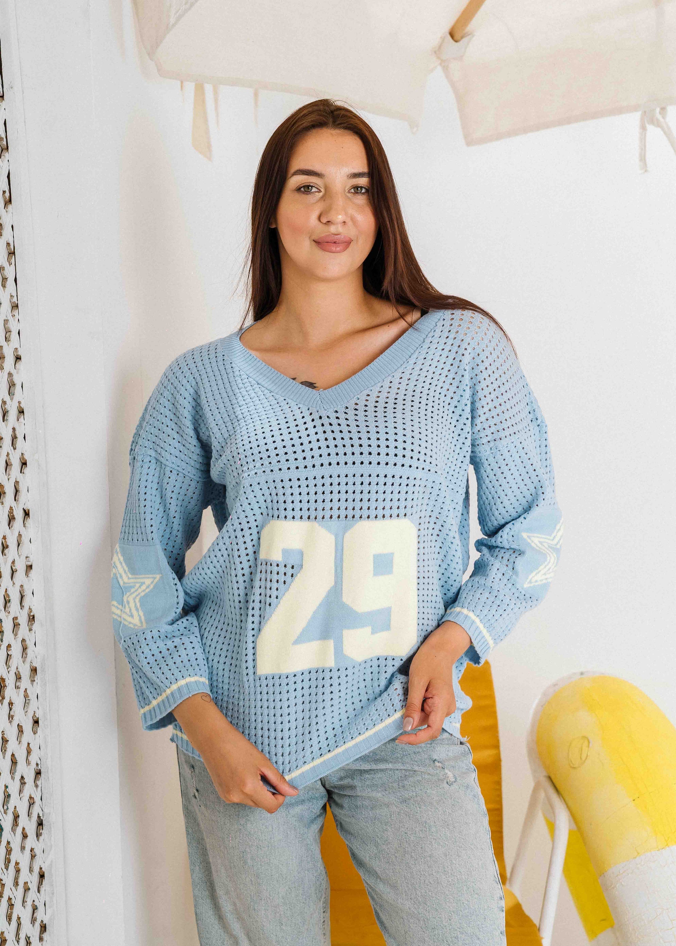 Retro Athletic Knit Sweater - baby blue