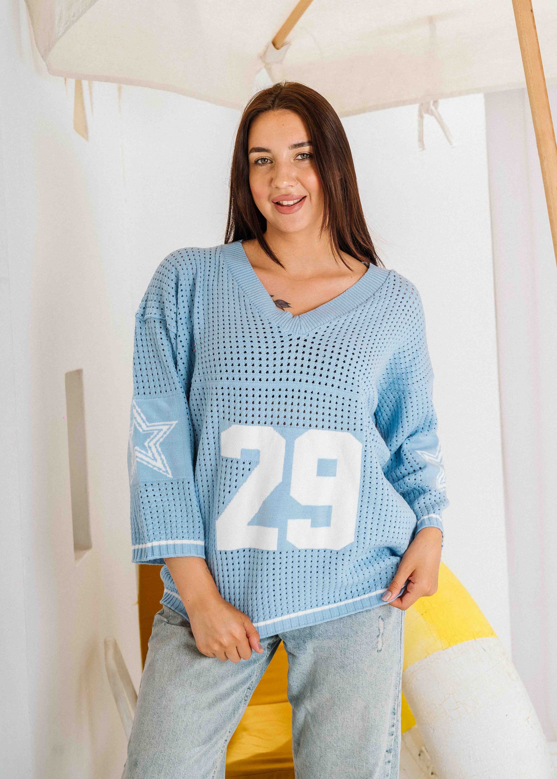 Retro Athletic Knit Sweater - baby blue
