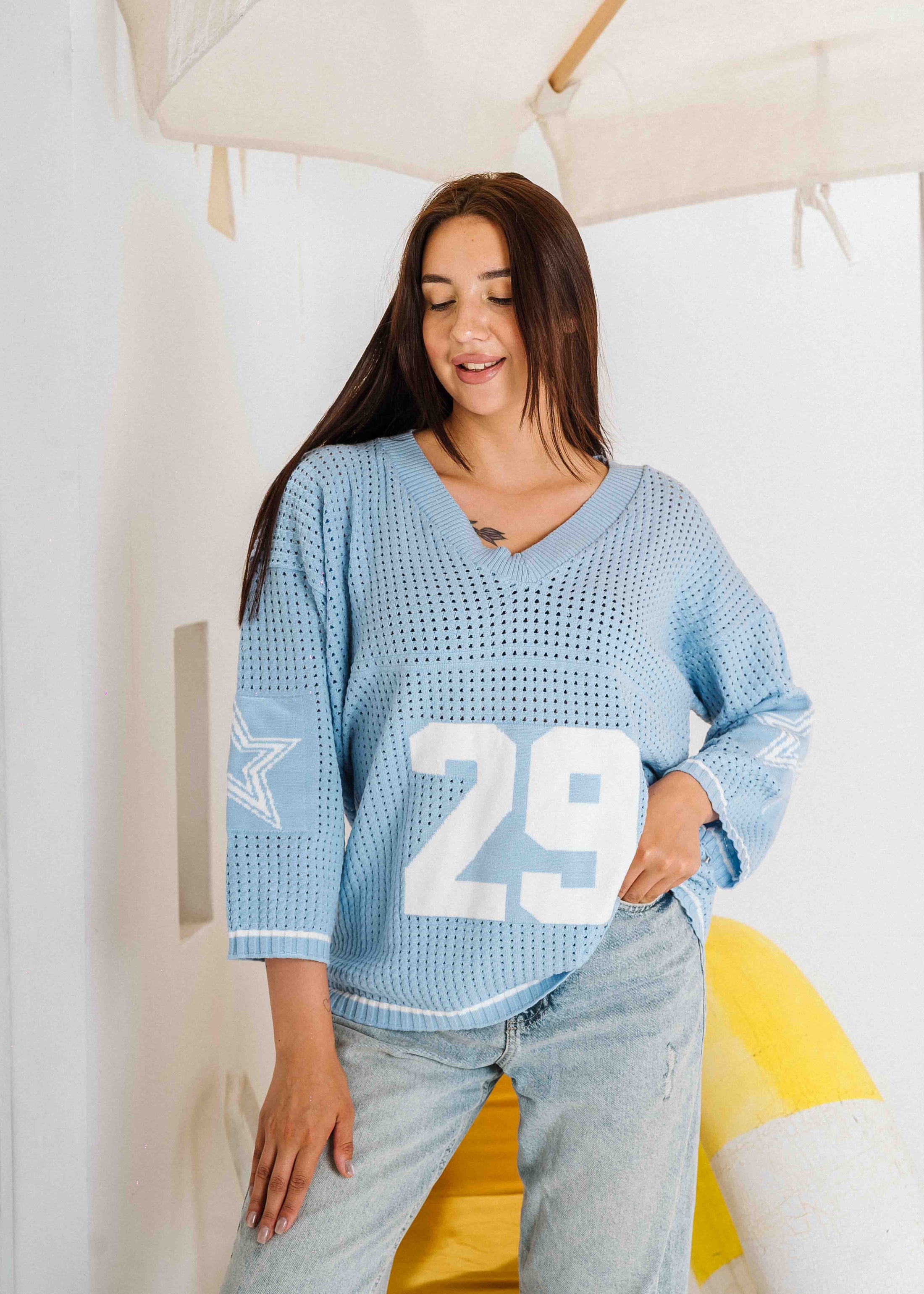 Retro Athletic Knit Sweater - baby blue