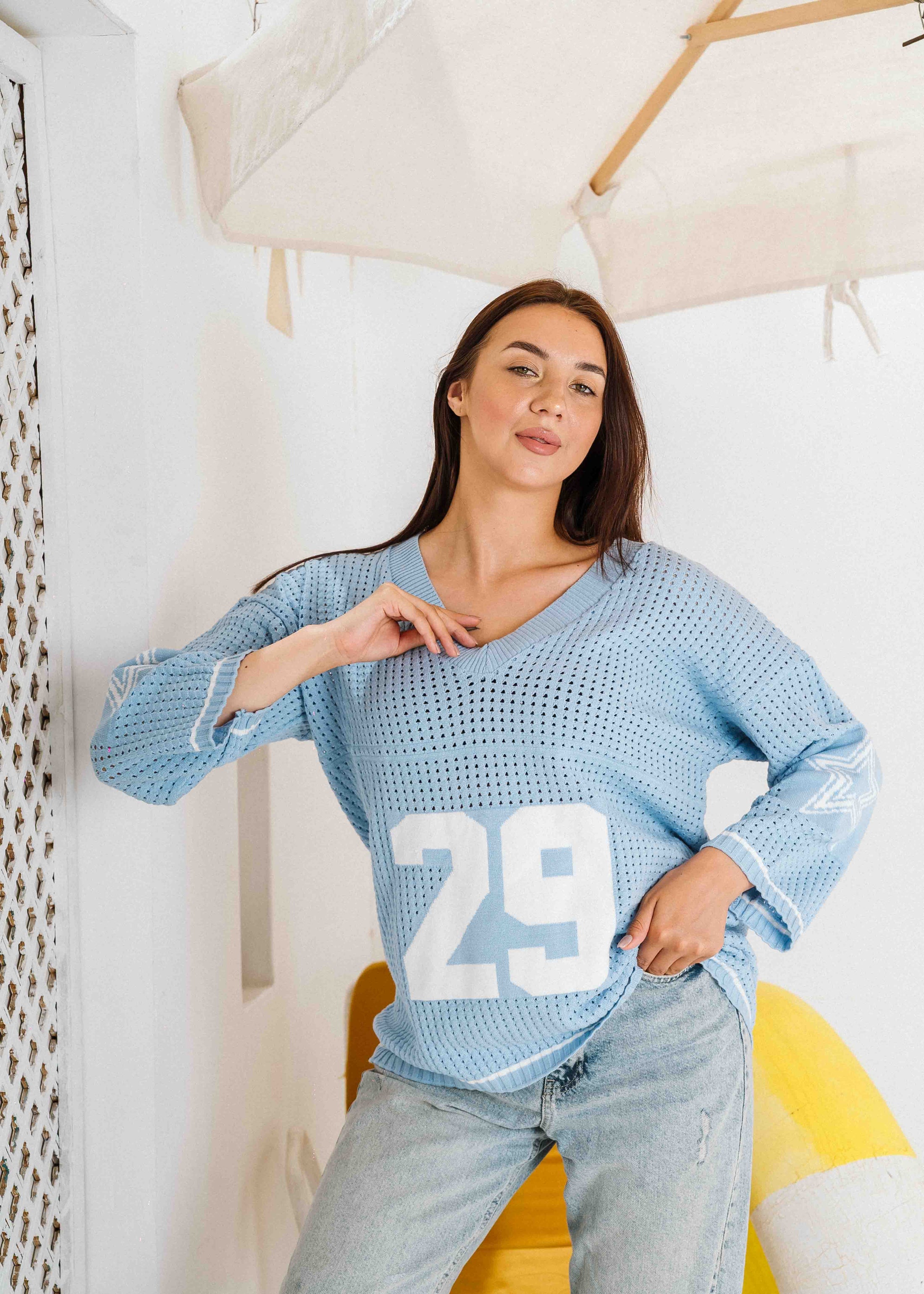 Retro Athletic Knit Sweater - baby blue