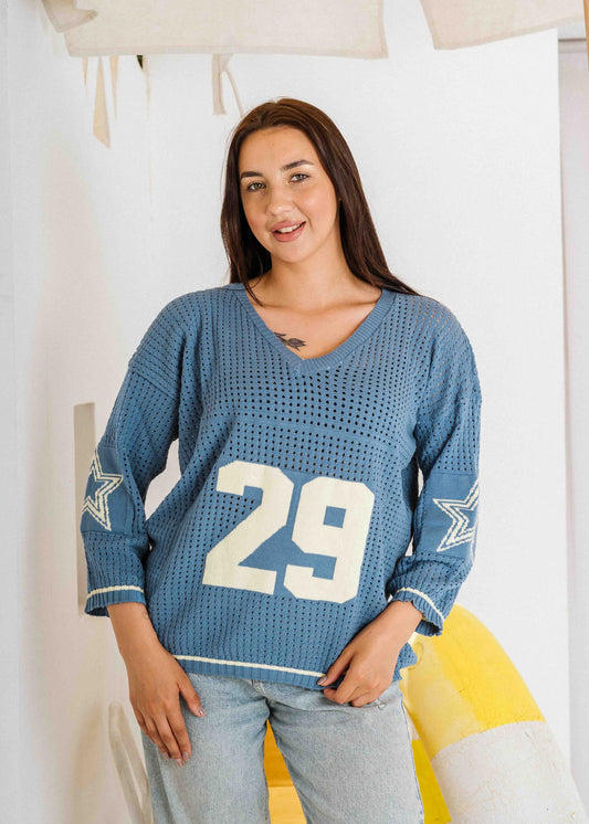Retro Athletic Knit Sweater - dark blue