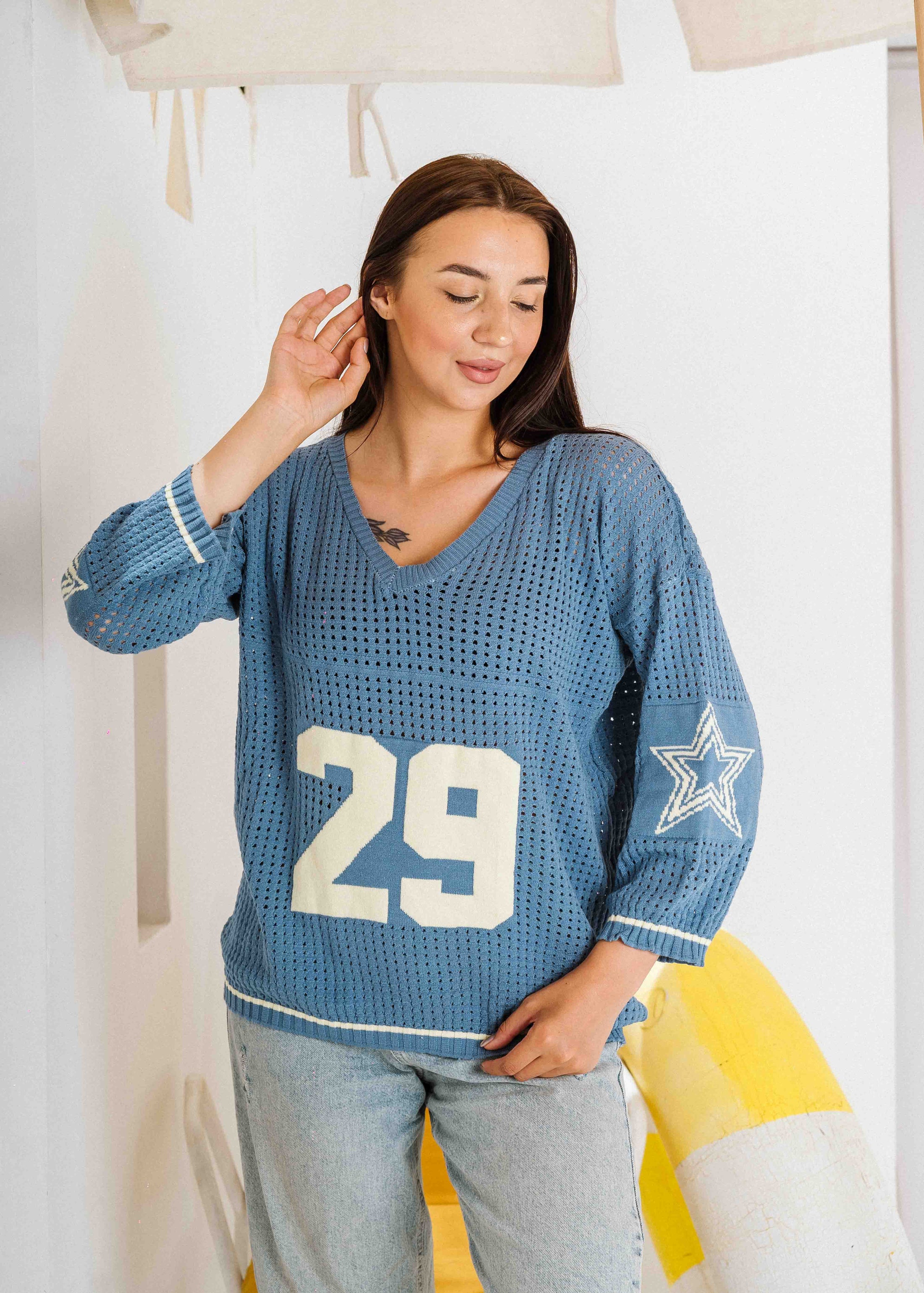 Retro Athletic Knit Sweater - dark blue