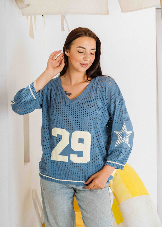 Retro Athletic Knit Sweater - dark blue