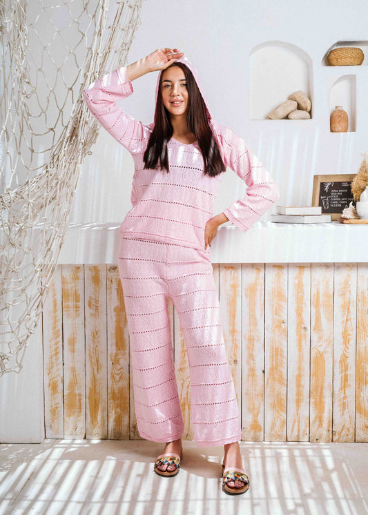 Pointelle Knit Top and Wide-Leg Pants Set - pink