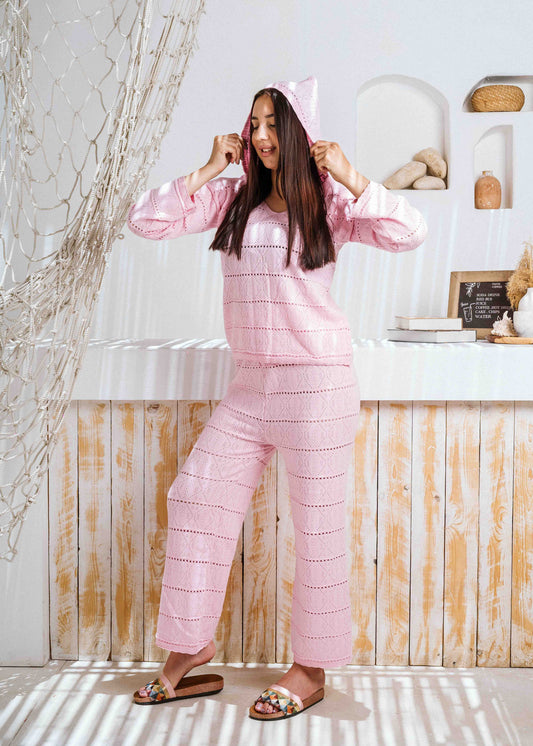 Pointelle Knit Top and Wide-Leg Pants Set - pink