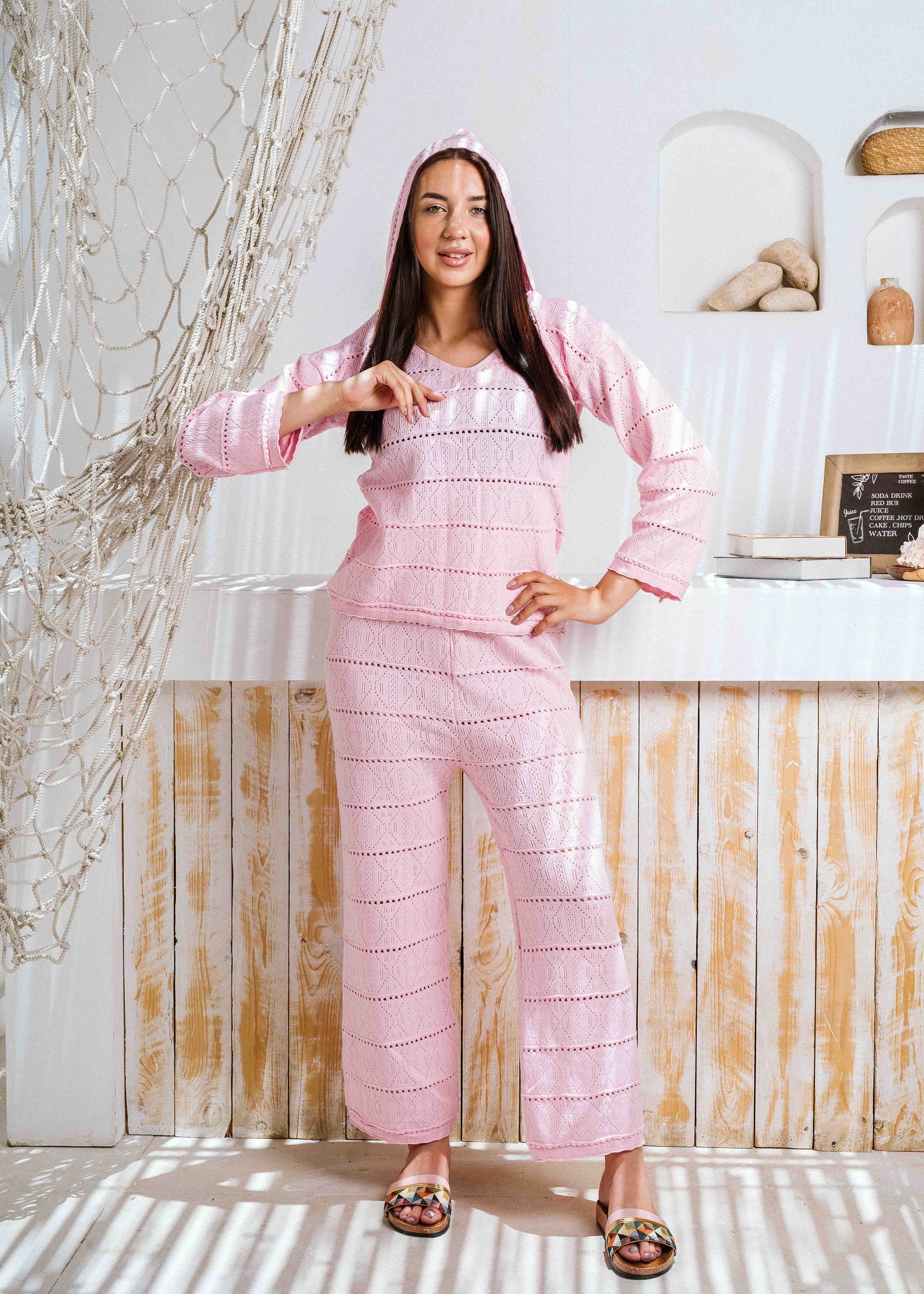 Pointelle Knit Top and Wide-Leg Pants Set - pink